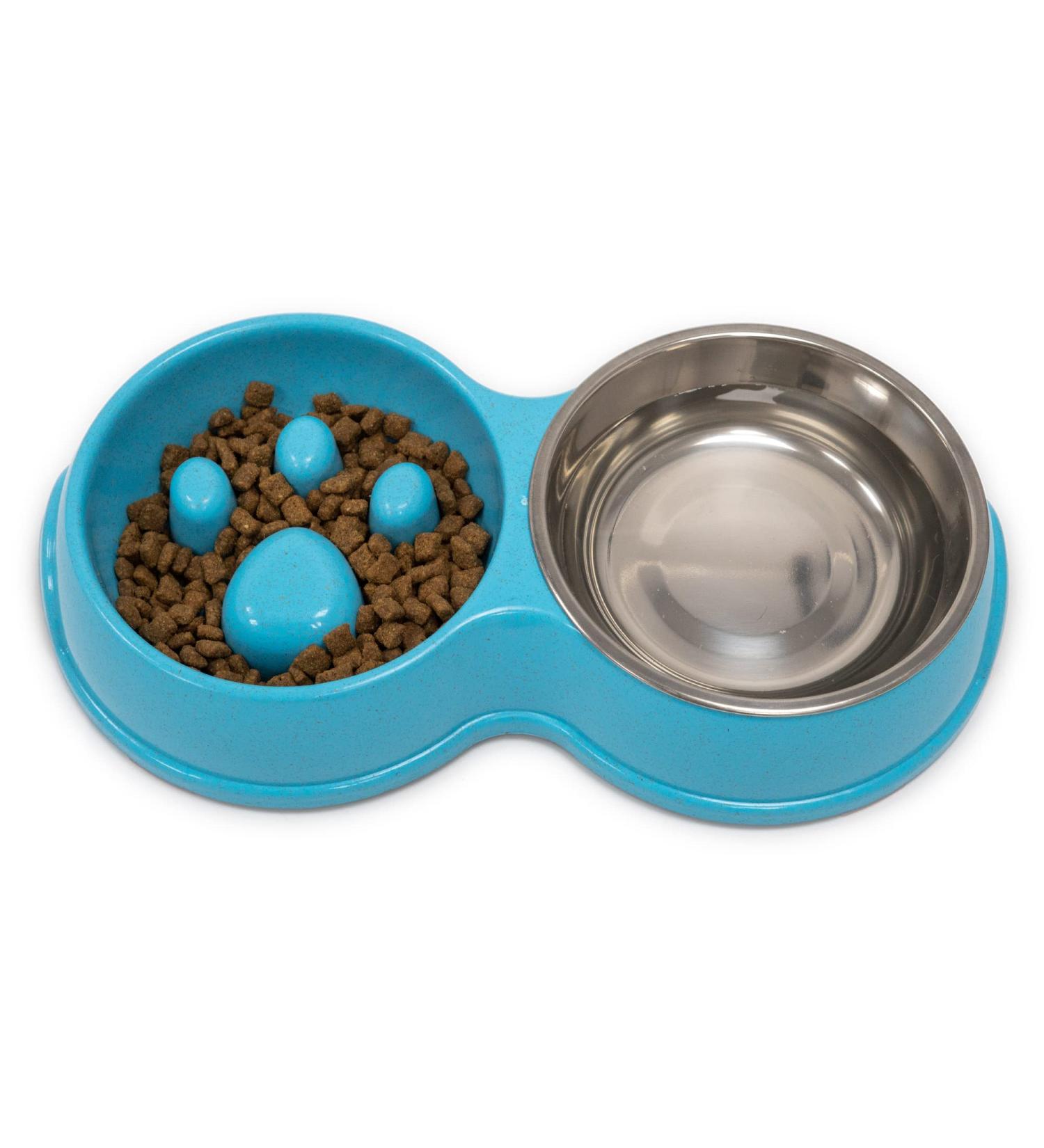 Double Slow Feeder Dog Bowl | Raised Non-Slip Stainless Steel Cat Food & Water Bowl | Detachable Blue Cat Bowl - Buy Online on SooperMarket.com