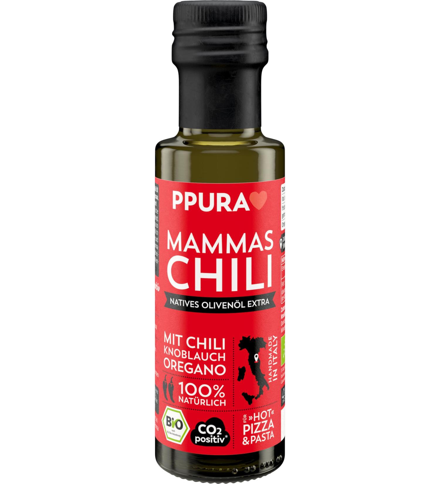 Ppura Bio Native Olive Oil Extra Mammas Chili | 100% Natural Italian Olive Oil with Chili Garlic & Oregano | Cold Pressed & Light-Protected | 100ml - Buy Online on SooperMarket.com