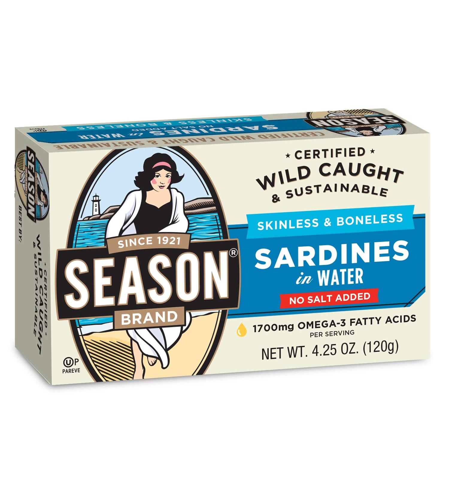 Season Skinless and Boneless Sardines in Water, No Salt Added, 4.25 Ounce (Pack of 12)