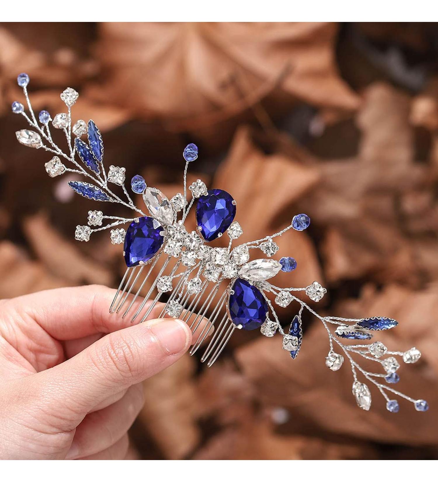 YBSHIN Blue Rhinestone Wedding Hair Comb - Silver Bridal Headpiece for Women (Style 1-Blue Crystal) - Buy Online on SooperMarket.com