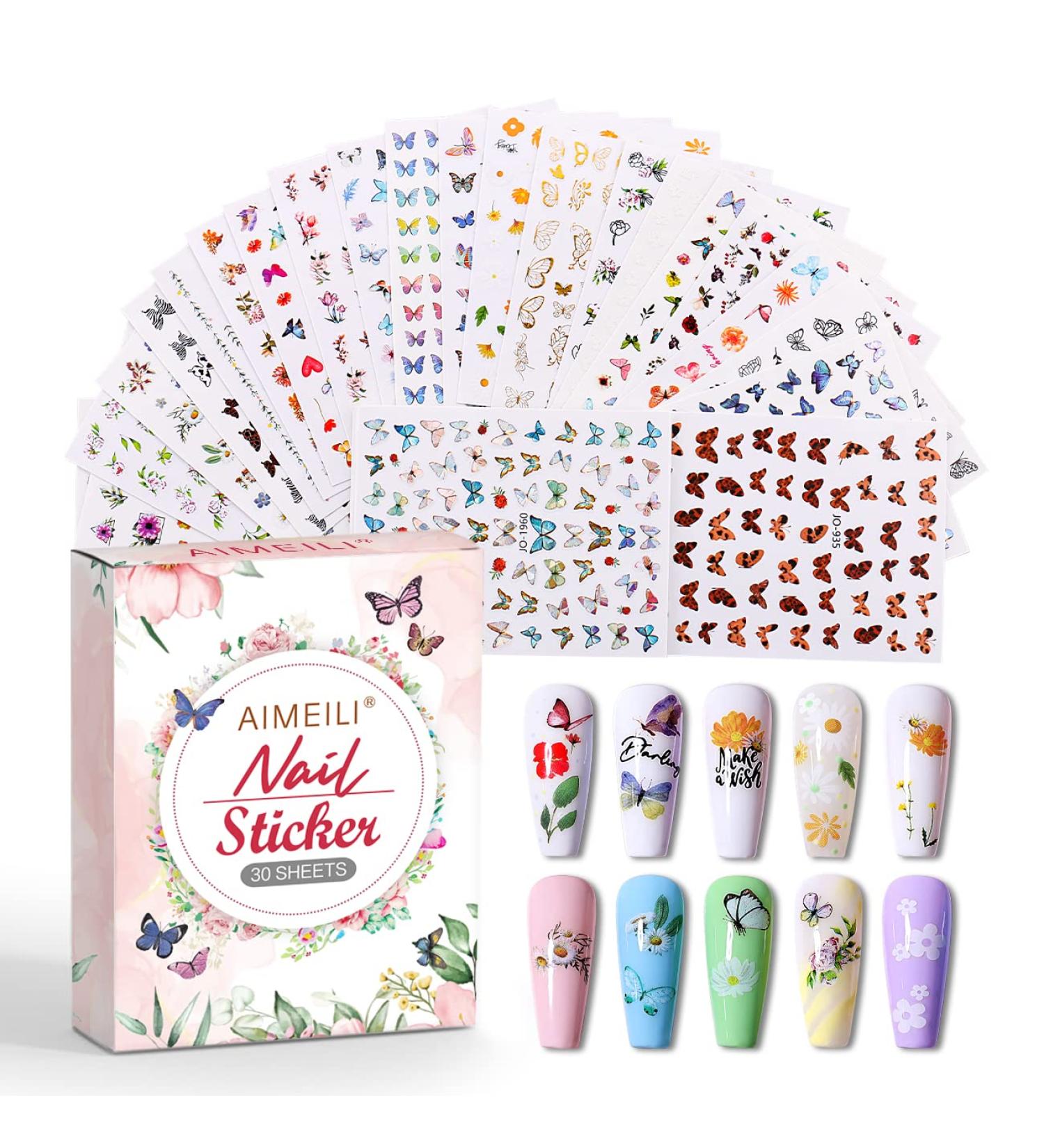 AIMEILI 30 Sheets Colorful Butterfly Flower 3D Nail Art Stickers - Self-Adhesive Nail Decoration - Buy Online on SooperMarket.com