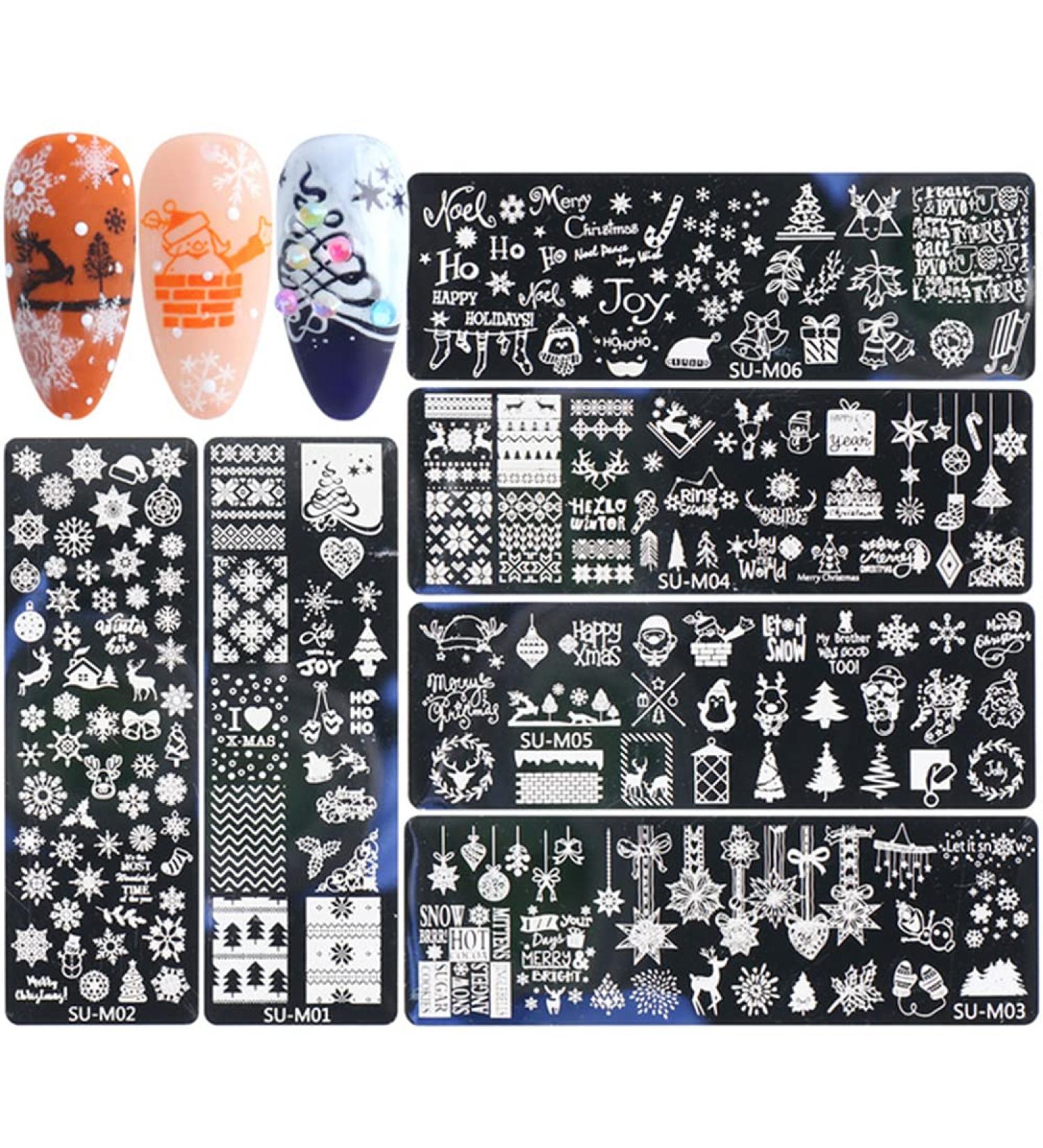 6Pcs Christmas Nail Stamp Plates Set with Various Patterns Snowflake Elk Santa Claus Christmas tree DIY Print Manicure Salon Design Perfect Christmas Nail Decoration for Professional DIY Salon - Buy Online on SooperMarket.com
