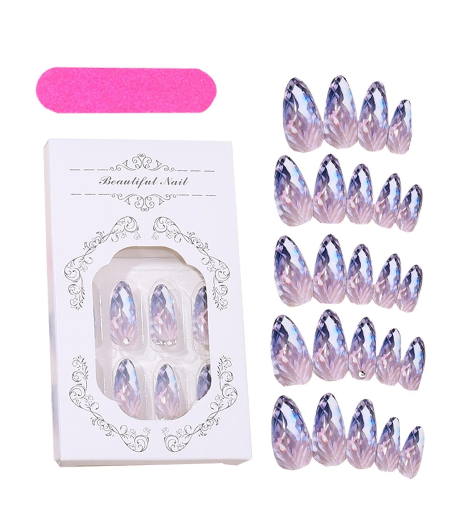 Almond Shaped Fake Nails | Medium Acrylic Fake Stick on Nails Full Rhombus Crystal Fake Nail Kit in 12 Sizes with Glue for Home or Salon - Buy Online on SooperMarket.com