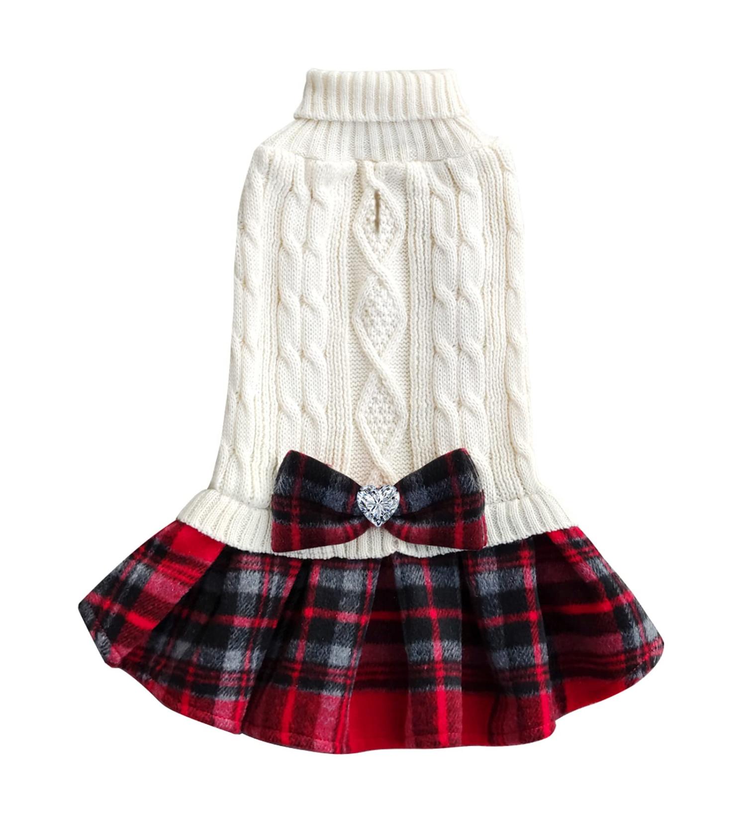 KYEESE Dog Sweater Dress with Leash Hole - Buffalo Check Red Small Turtleneck Pullover for Beige Small Dogs - Buy Online on SooperMarket.com