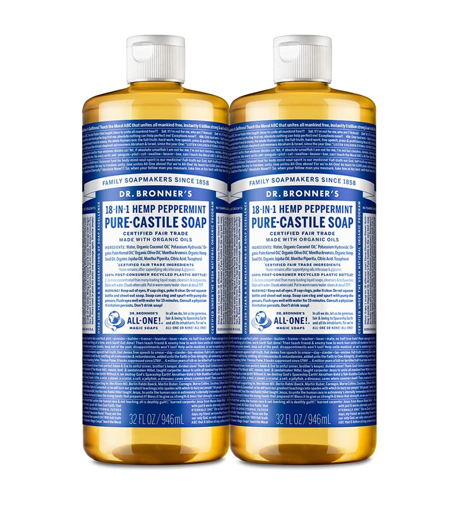 Dr. Bronners Peppermint Pure-Castile Liquid Soap 32oz 2-Pack - Organic 18-in-1 Soap for Face, Body, Hair, Laundry, Pets & Dishes - Concentrated, Vegan, Non-GMO - 32 Fl Oz (Pack of 2) - Buy Online on SooperMarket.com