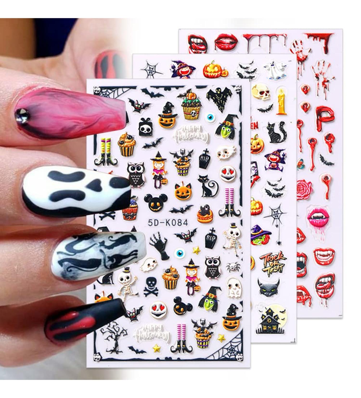 Halloween Nail Art Stickers Xcreando 5D Embossed Nail Decals Design with Skull Bones Ghost Witch Pumpkin Bat Lips Self-Adhesive Thick DIY 3D Nail Art Supplies for Halloween Days Party Cosplay Decorations 5 Sheets - Buy Online on SooperMarket.com