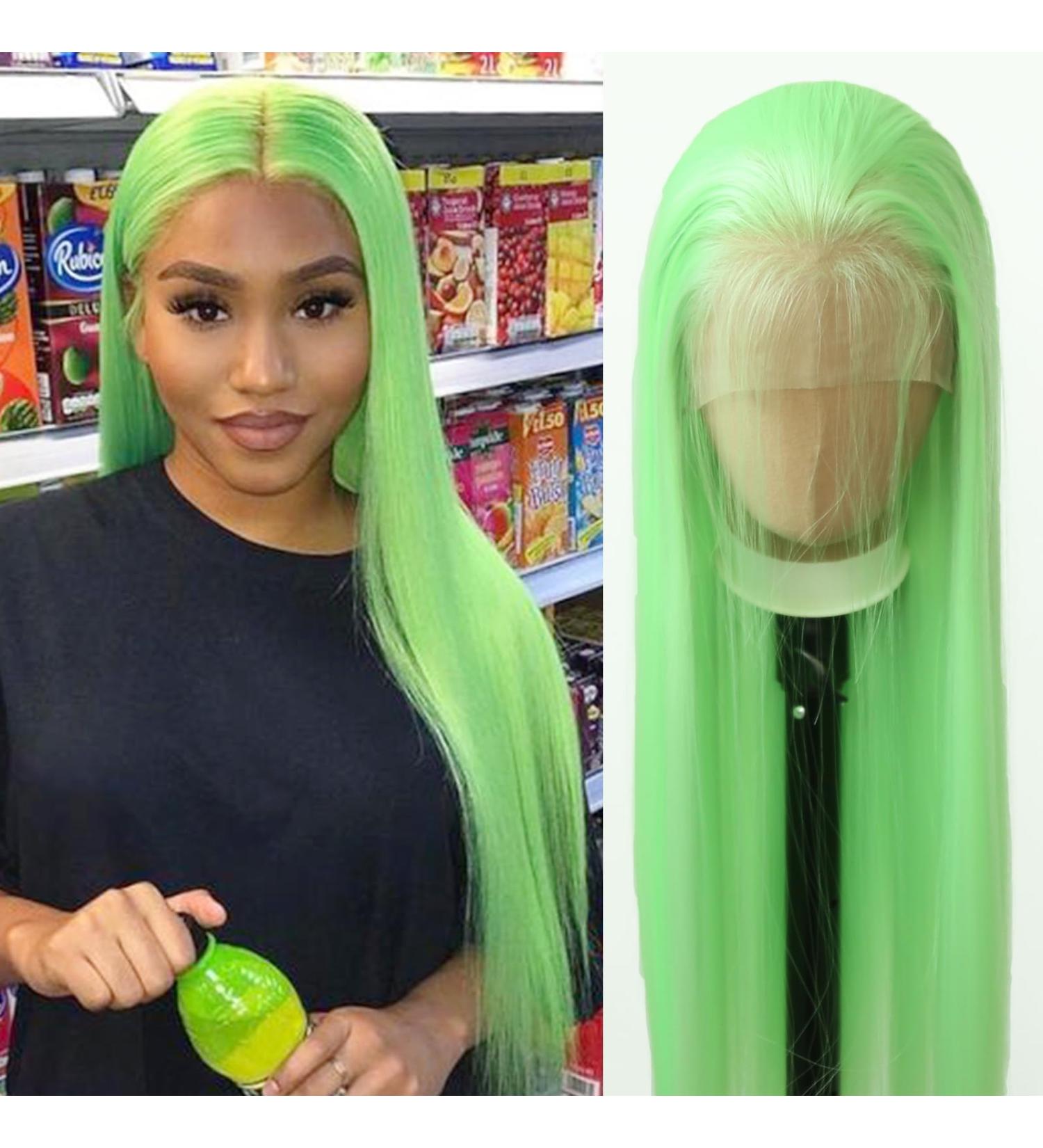 Light Green Synthetic Lace Front Wig - Long Straight Heat Resistant Fiber Hair - Pre Plucked Natural Hairline - for Cosplay and Daily Wear - Buy Online on SooperMarket.com