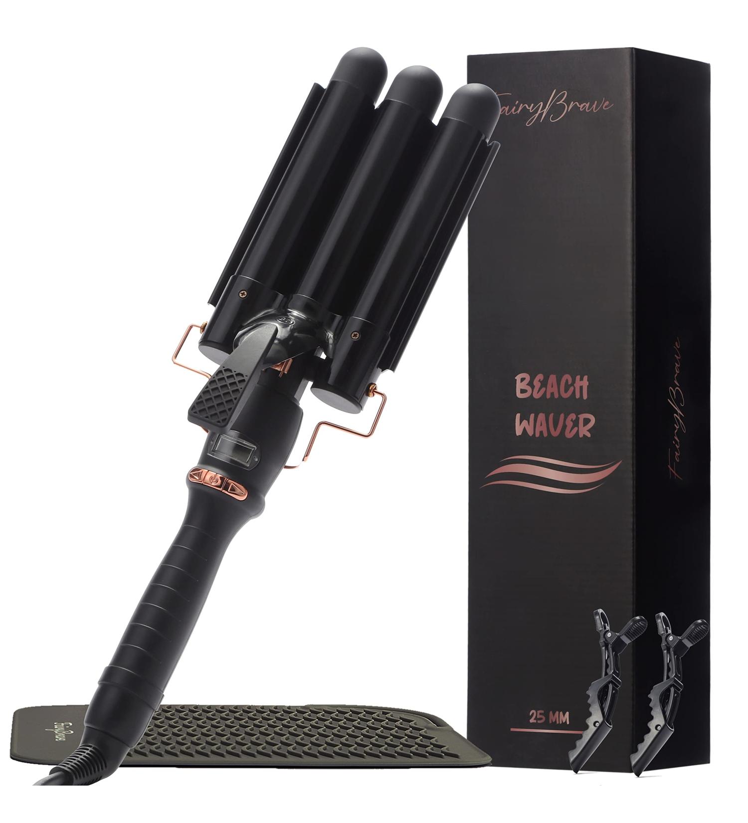 3 Barrel Curling Iron Wand - Ceramic Tourmaline Beach Waver & Crimper for Waves - Adjustable Temperature - Black - Buy Online on SooperMarket.com
