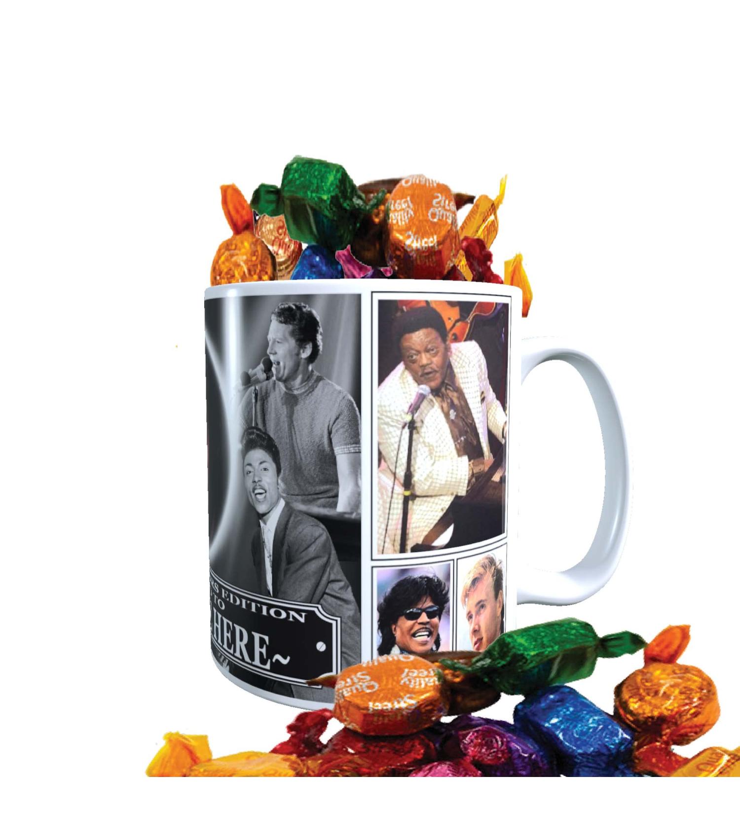 Rock n Roll Greats of 50s & 60s Personalised Music Icon Mug with Choice of Sweets Gift - Buy Online on SooperMarket.com