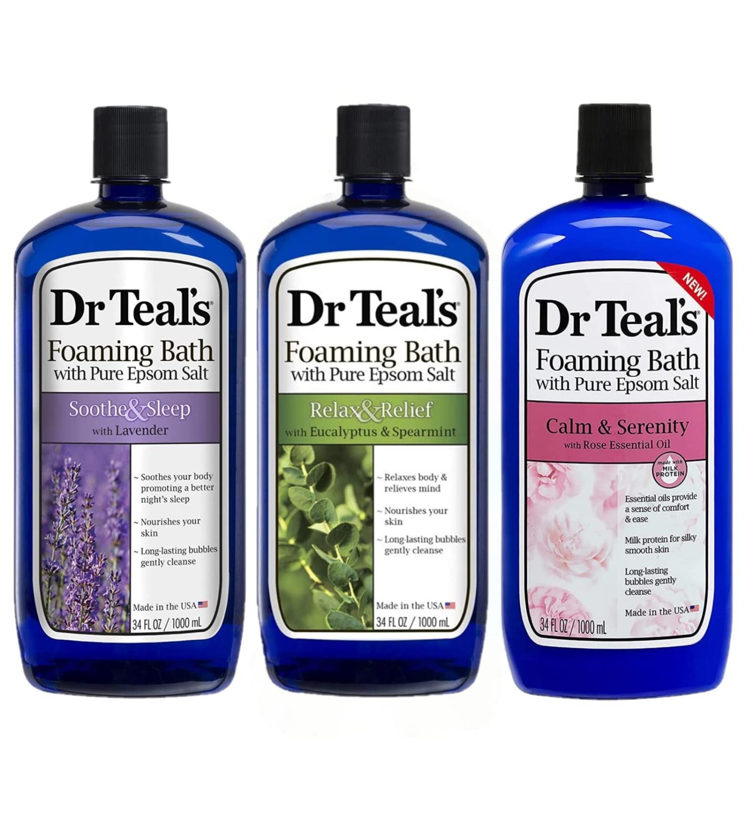 Dr Teal's Foaming Bath Variety Gift Set (3 Pack 34oz ea) - Soothe & Sleep Lavender Relax & Relief Eucalyptus and Calm & Serenity Rose - Epsom Salt & Essential Oils for Stress Relief Muscle Aches
