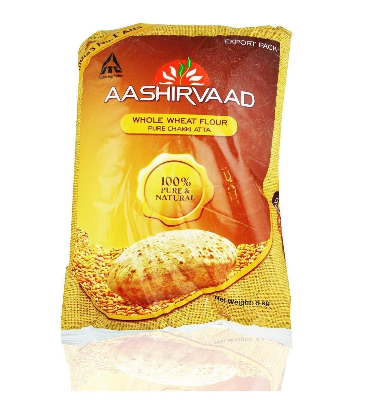Aashirvaad Indian Atta Wheat Flour for Baking Flatbreads Roti Naan Chapati and Puri - 5kg Bag - Buy Online on SooperMarket.com