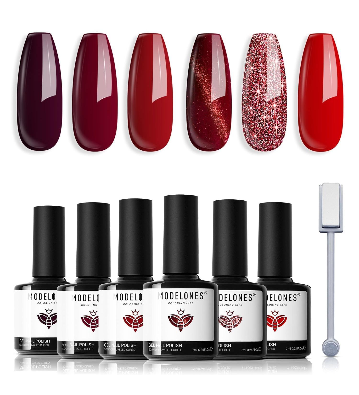Modelones Red Gel Nail Polish 6 Colors Ruby Sparks Collection Popular Glitter Gel Polish Cat Eye Burgundy Red Sparkle Bloody Red Nail Polish Kit Art DIY Home Salon Gifts for Women - Buy Online on SooperMarket.com