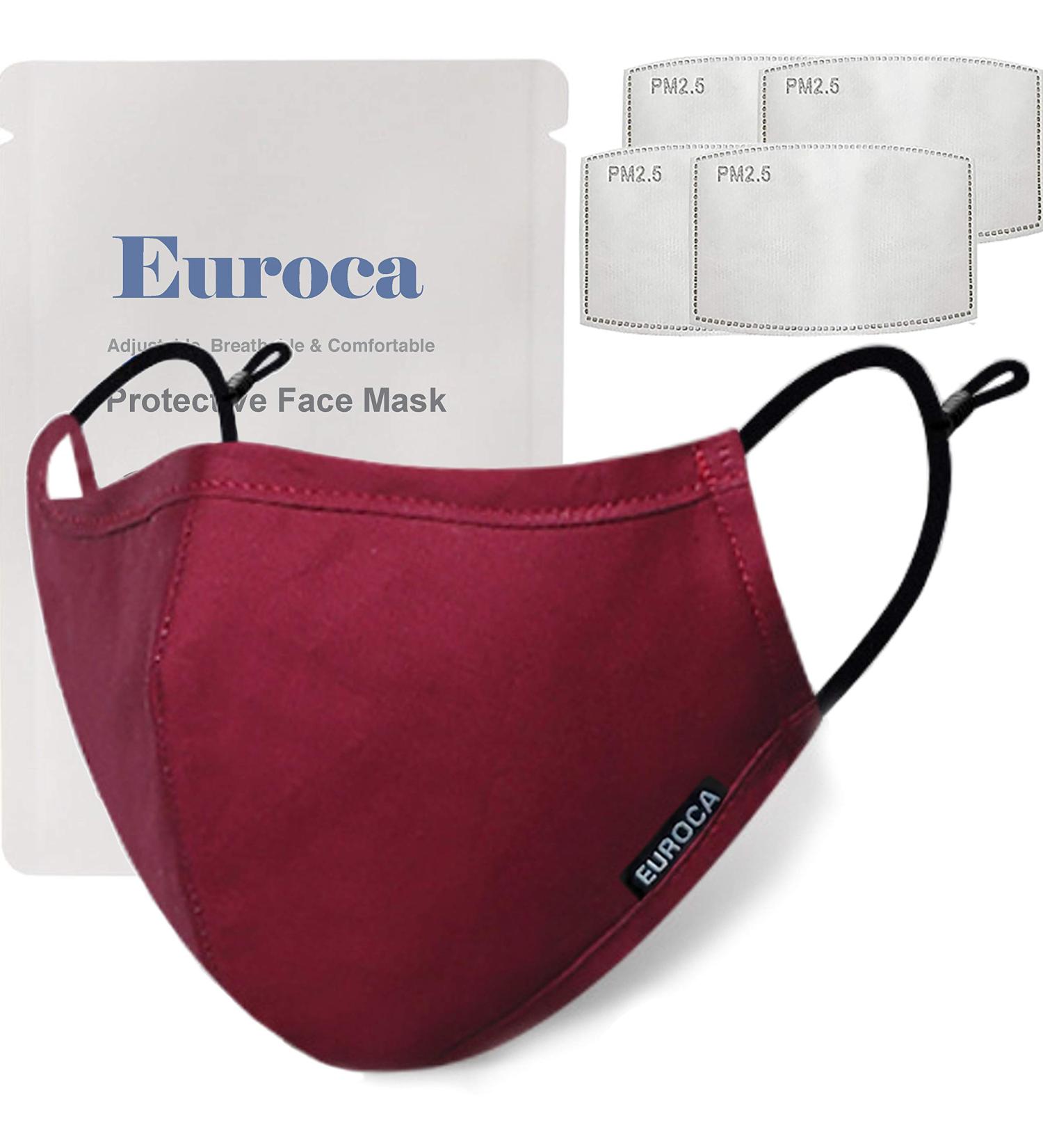 Euroca Cloth Face Mask 4 Layer Reusable Washable Adjustable For Adult Mens Womens Teens -4 Filters included Burgundy - Buy Online on SooperMarket.com