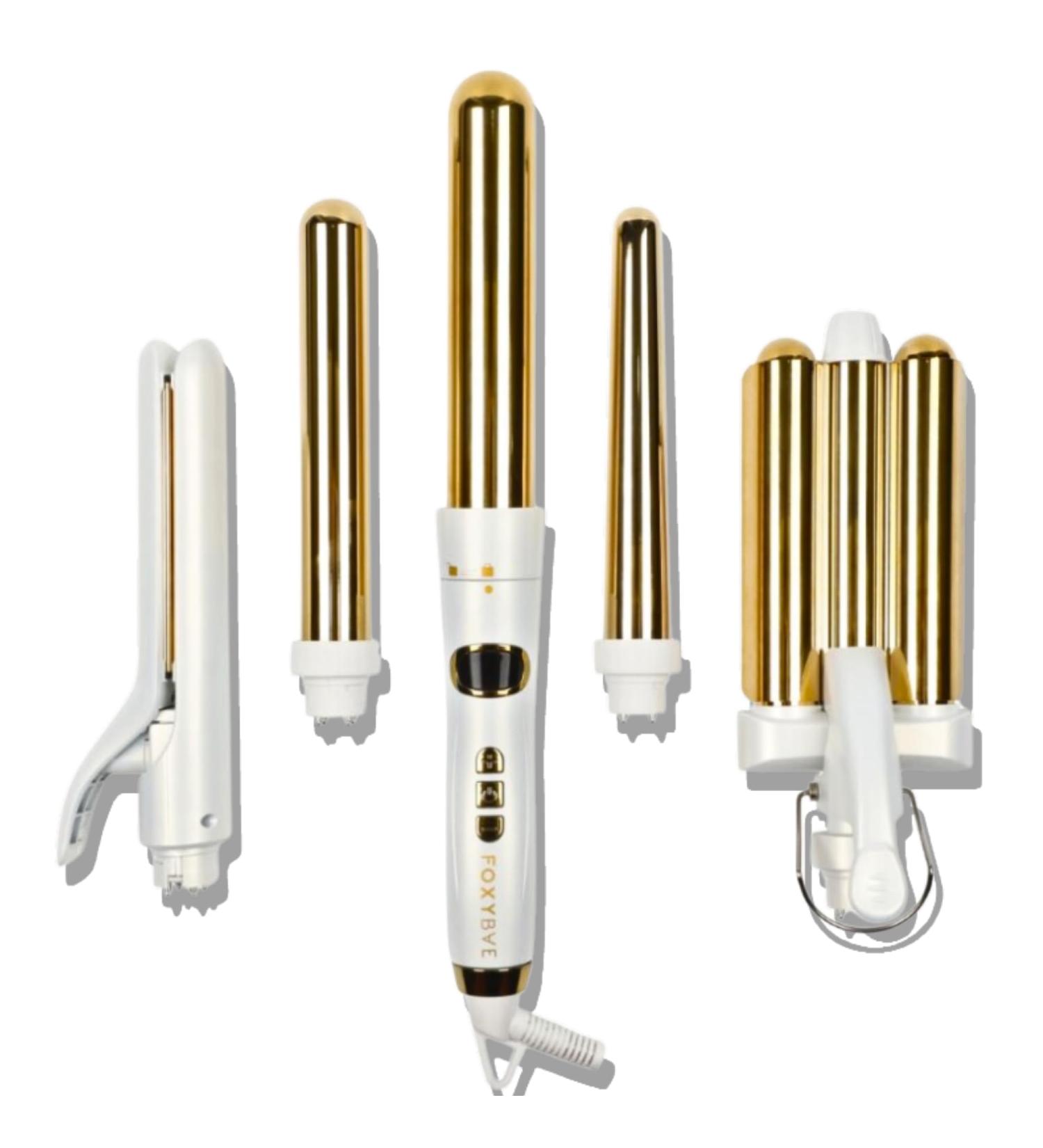 FoxyBae 5-in-1 Interchangeable Hair Tools Set | Curling Wand Flat Iron & Ceramic Irons | Salon Grade Waver & Curler in Pearl White - Ships Internationally - Buy Online on SooperMarket.com