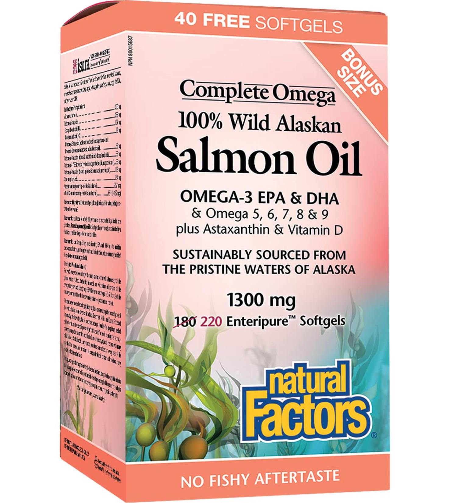 100% Wild Alaskan Salmon Oil 1300 mg Complete Omega. Bonus Size 220s