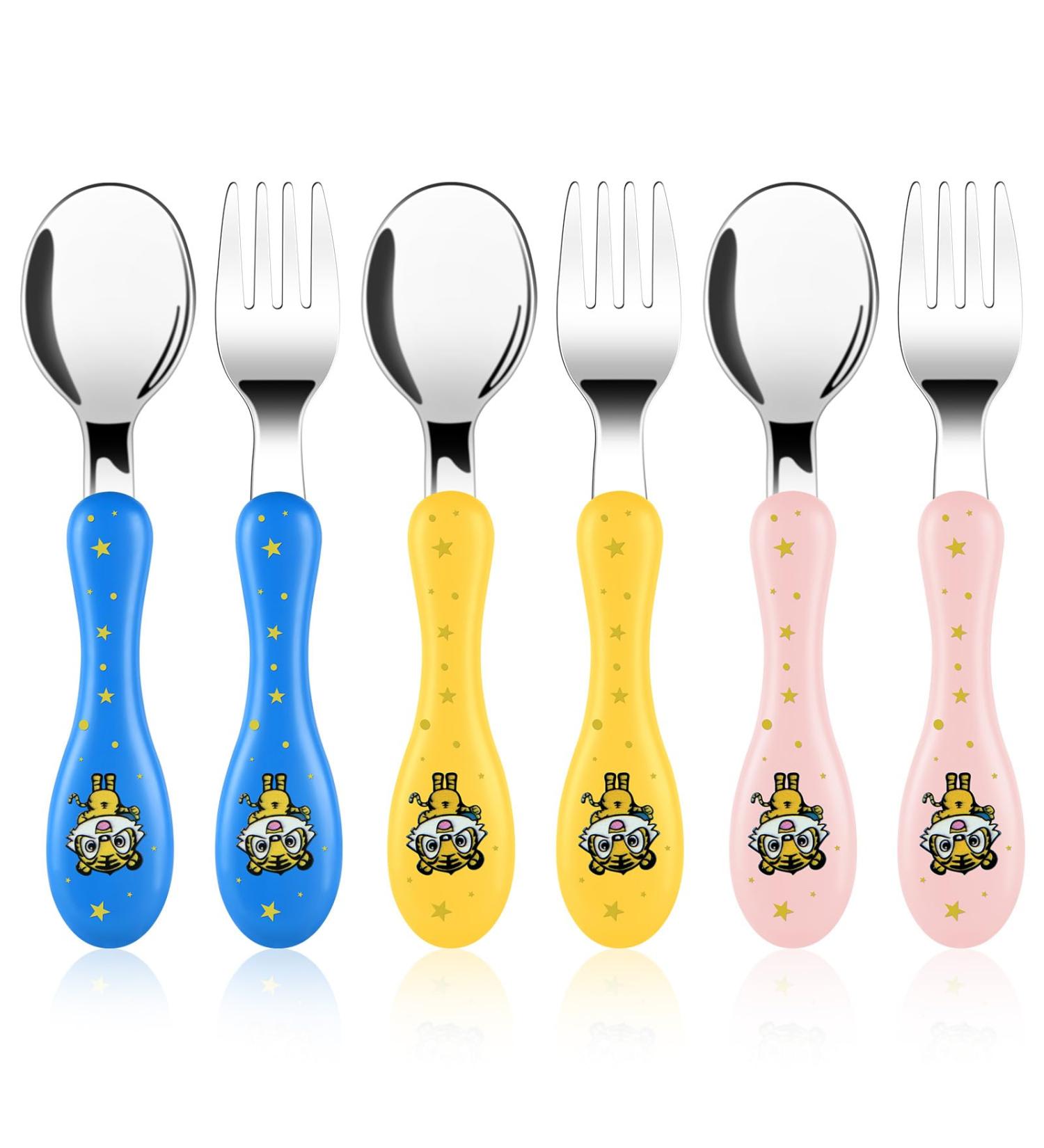 Vicloon Baby Fork and Spoon Set - 6 PCS Toddler Utensils Stainless Steel Cutlery for Baby Feeding - Tiger Pink/Blue/Yellow - Buy Online on SooperMarket.com