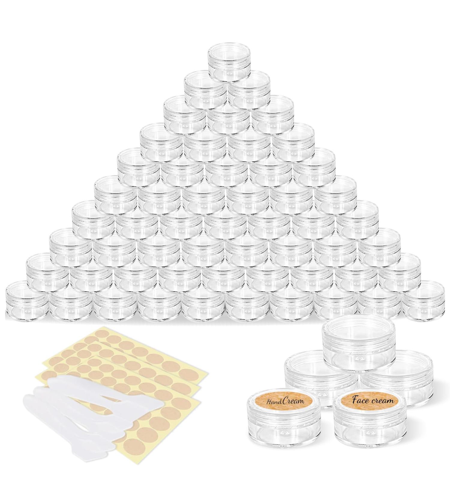 60 Pieces 5G Transparent Jack Set - Empty Cream Jars Lotion Doses 3 Label Stickers & 6 Mini Spatulas for Cosmetics | International Shipping - Buy Online on SooperMarket.com