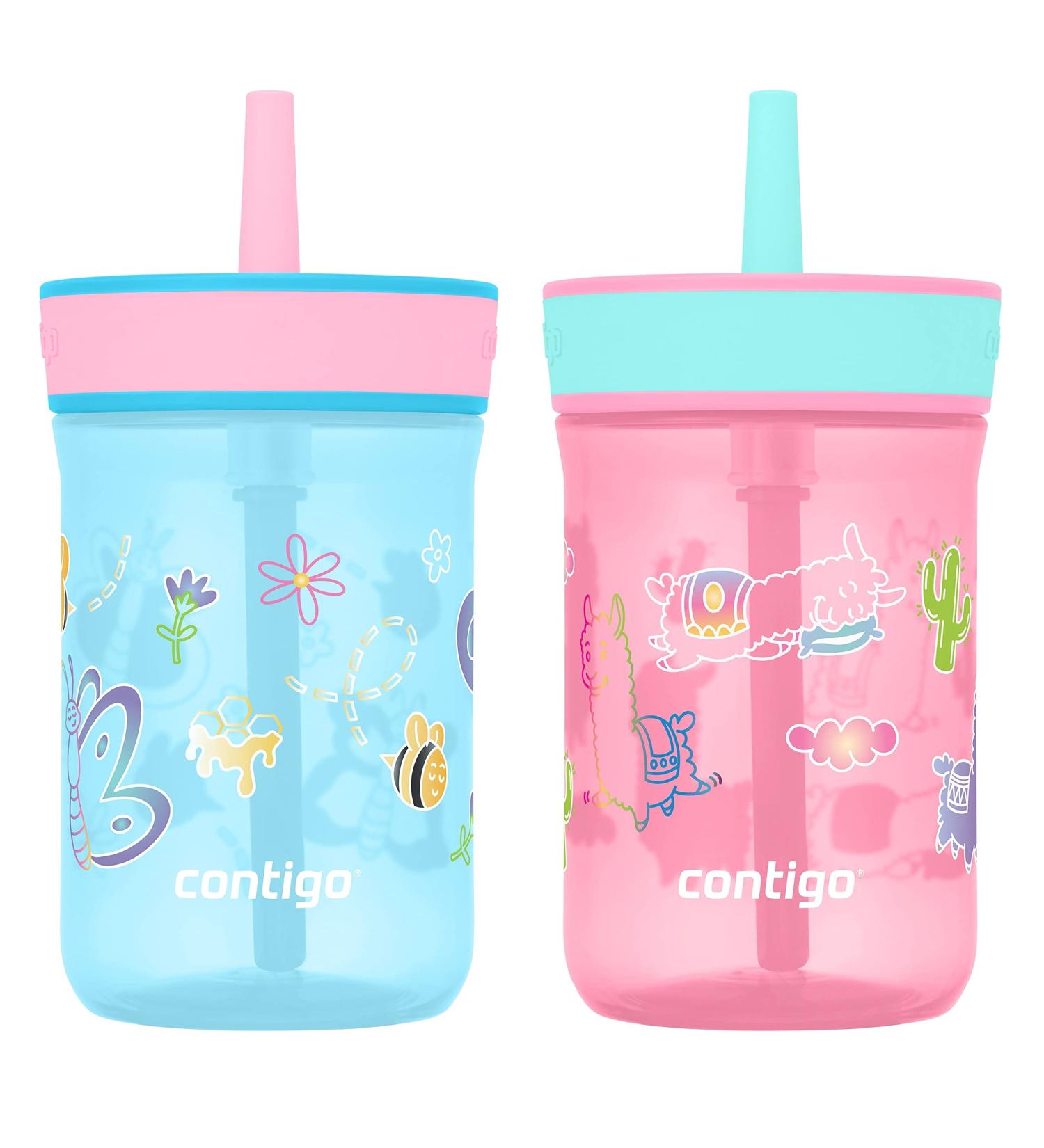 Contigo Leighton Kids 14oz Water Bottle 2-Pack - Spill-Proof Tumbler with Straw for Kids - Dishwasher Safe - Blue Raspberry & Azalea/Llamas Pattern - Buy Online on SooperMarket.com