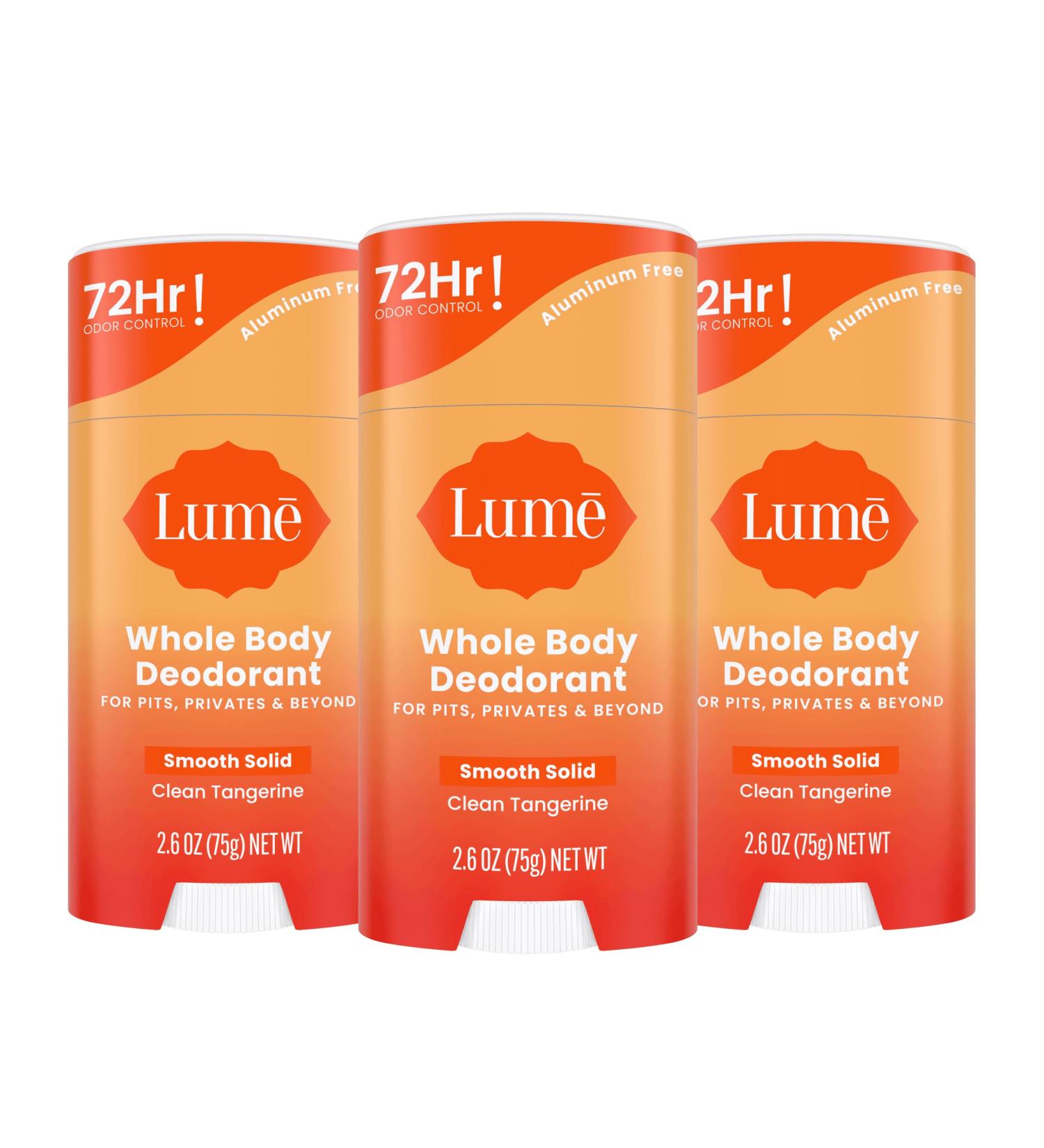 Lume Whole Body Deodorant - Smooth Solid Stick - 72 Hour Odor Control - Aluminum Free Baking Soda Free and Skin Loving - 2.6 Ounce (Pack of 3) (Clean Tangerine) Clean Tangerine 2.6 Ounce (Pack of 3) - Buy Online on SooperMarket.com