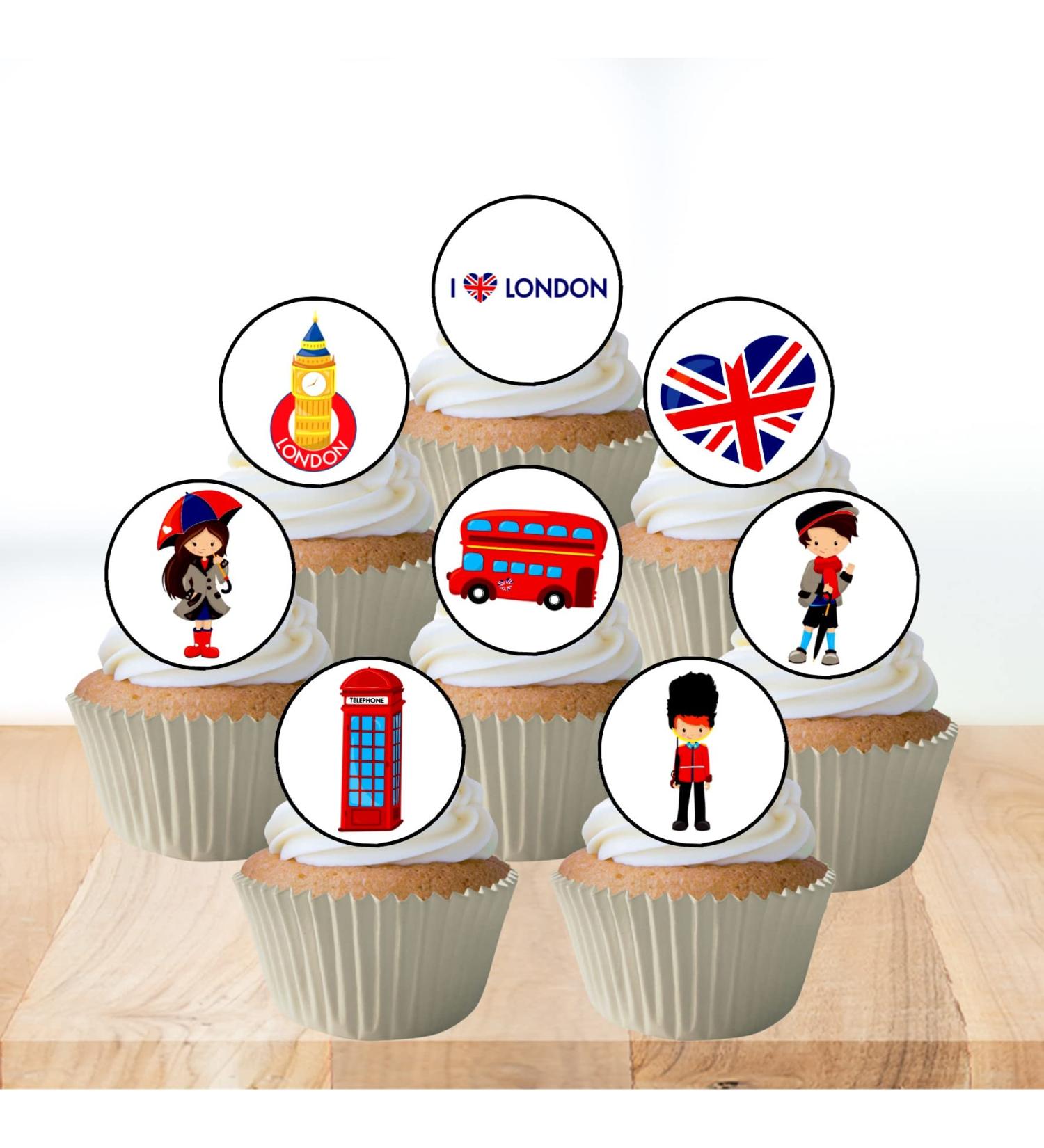 24 London Theme Wafer Cupcake Toppers Great Britain Edible Cupcake Toppers - Stand Up Disc Wafer Cake Decorations - Buy Online on SooperMarket.com