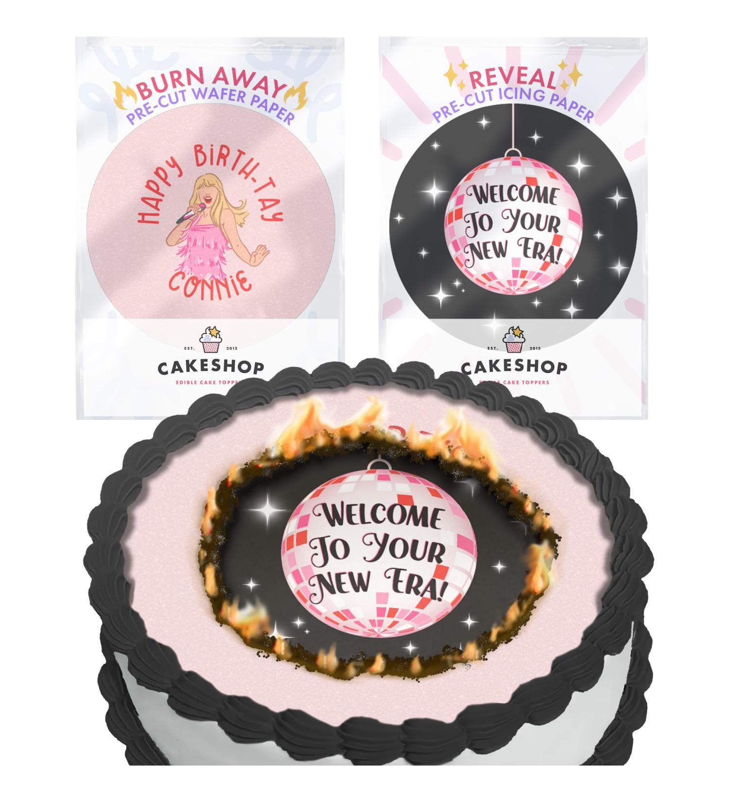 Cakeshop Taylor Swift Burn Away Edible Cake Topper Pack | 1 x Icing sheet & 1 x Wafer Sheet | Taylor Swift Era Birthday Theme | Personalise With Your Custom Name & Text | Choose Shapes & Sizes Prime