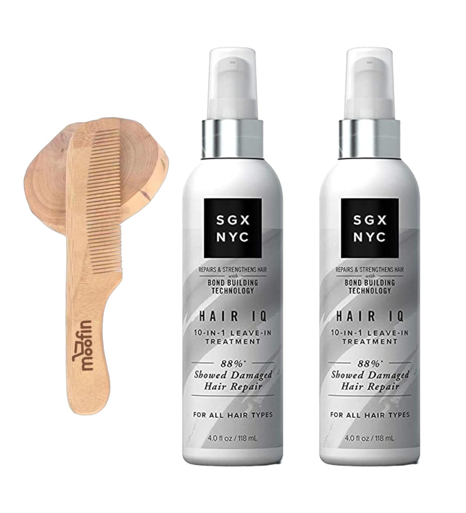 SGX NYC Hair IQ 10-in-1 Leave-In Treatment & Wooden Comb - Vegan Leave In Conditioner for Dry Damaged Hair with Biotin & Hyaluronic Acid - Pack of 2 - Buy Online on SooperMarket.com
