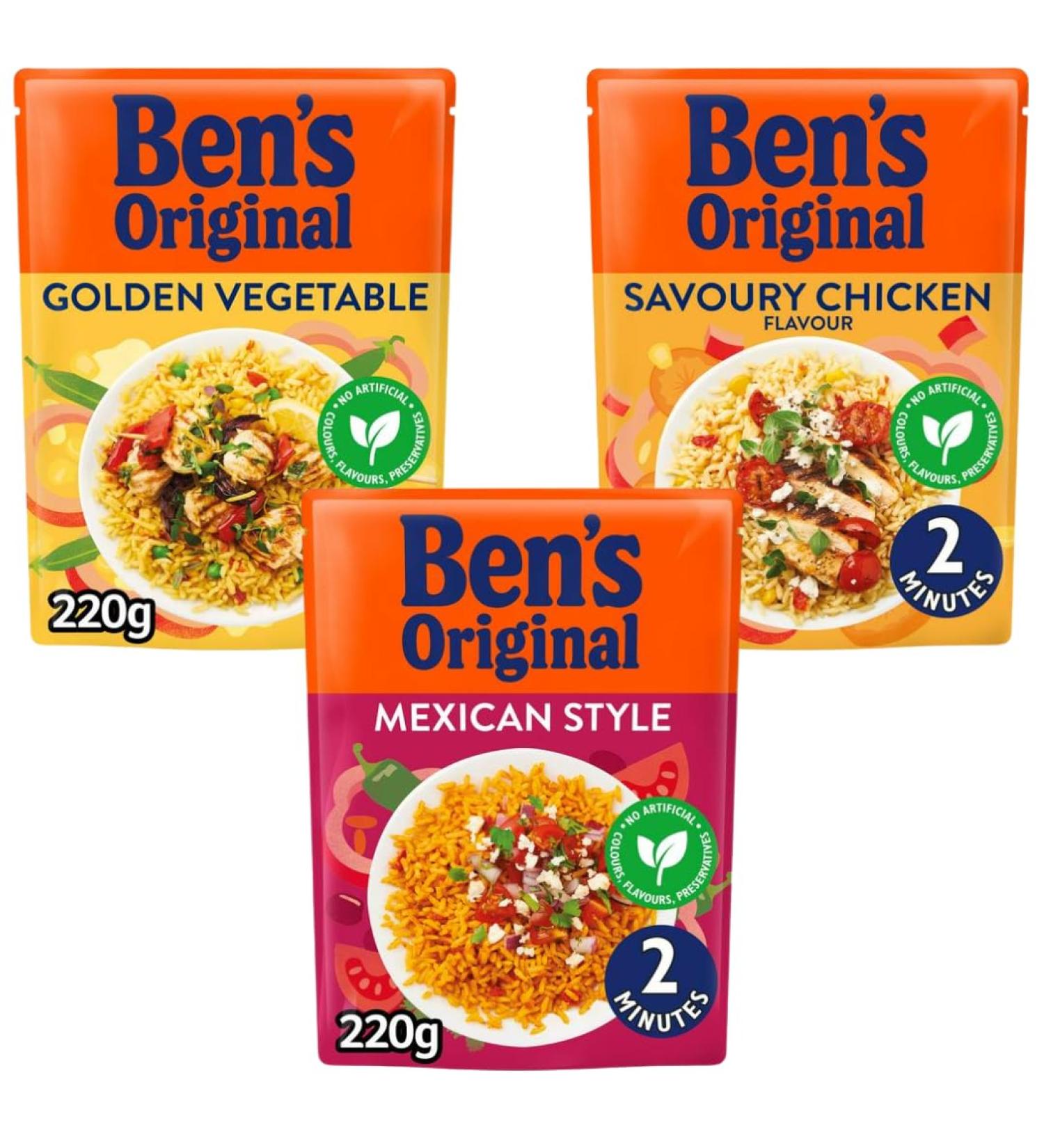 Microwave Rice Bundle With Bens Original Golden Vegetable Microwave Rice 220g Savoury Chicken Microwave Rice 220g and Spicy Mexican Microwave Rice 220g (3 Pack) - Buy Online on SooperMarket.com