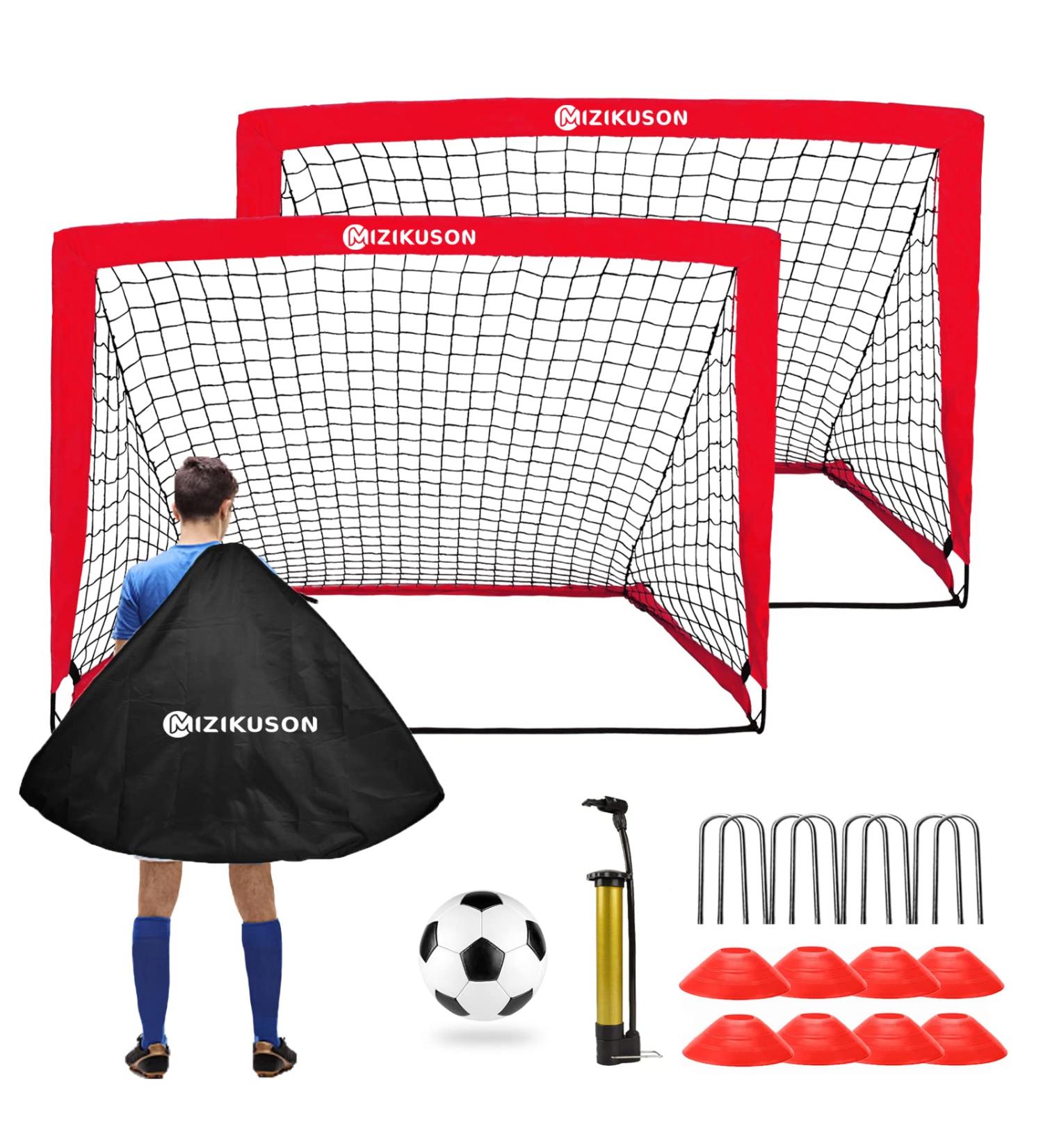 Set of 2 Portable Soccer Goals for Kids | Indoor Pop Up 4'x3' Toddler Soccer Nets with Training Equipment & Cones - Red - Buy Online on SooperMarket.com
