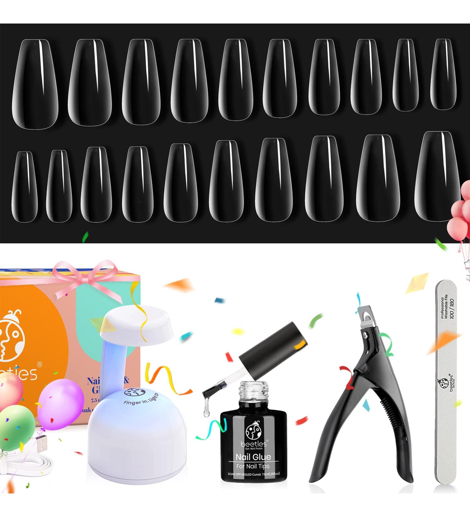 Beetles Easy Gel Tips Nail Extension Kit 2 In 1 Nail Glue Gel Base Coat with Pre-shaped Medium Coffin Nails and U V LED Nail Lamp Acrylic Nail Clipper for Gel Art DIY Manicure Fast Nail Extension A-Coffin Medium 240PCS