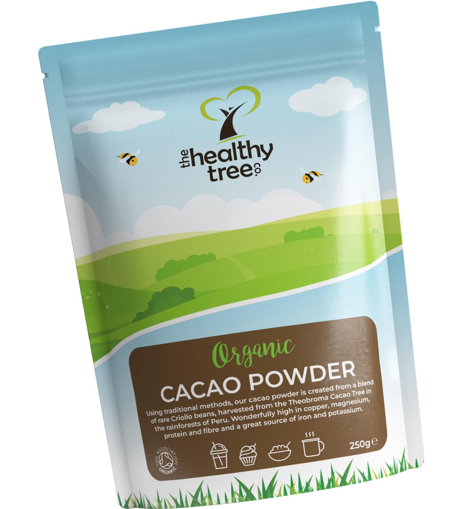 Organic Raw Cacao Powder by TheHealthyTree Company - Ideal for Yoghurt, Smoothies & Baking - High Protein, Magnesium, Fibre & Potassium - Sugar-Free Vegan Cacao Powder (250g) - Buy Online on SooperMarket.com
