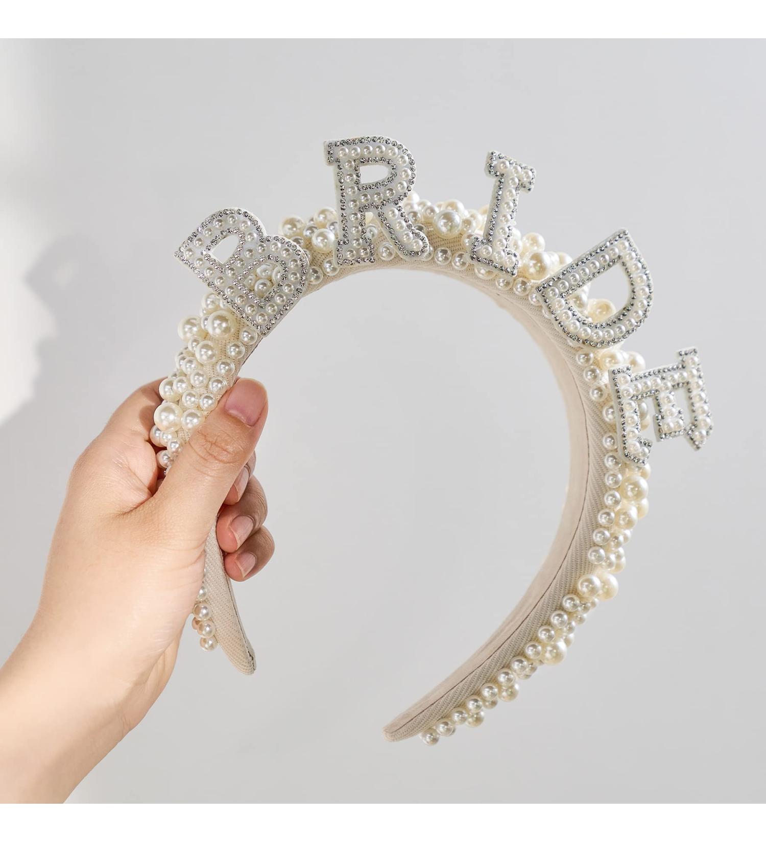 Sweetv Pearl Bride Headband for Wedding - Handmade Rhinestone Bridal Hair Accessories - Bachelorette Party Decorations and Bride to Be Headband - White - Buy Online on SooperMarket.com
