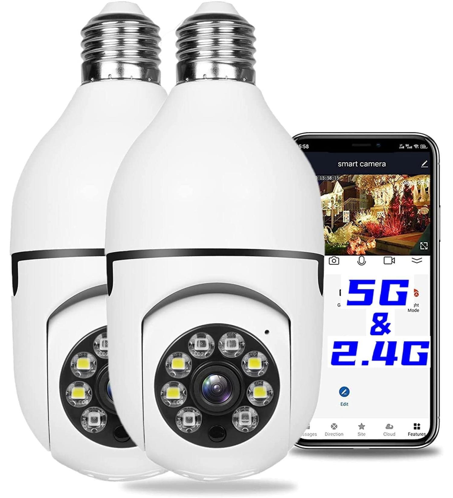 2Pcs 1080P E27 Light Bulb Security Camera Set | Indoor/Outdoor 360 Home Security Cameras | 2.4GHz & 5G WiFi | Full Color Day/Night | Smart Motion Detection | Support 5G (2PCS) - Buy Online on SooperMarket.com