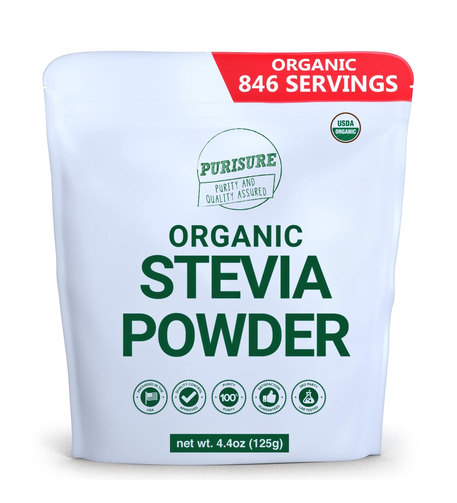 All Natural Organic Stevia Powder 125g, Highly Concentrated Pure Extract, No Fillers, Additives or Artificial Ingredients, Bulk Powdered Zero-Calorie Sweetener, Best Sugar Substitute, 846 Servings by PuriSure