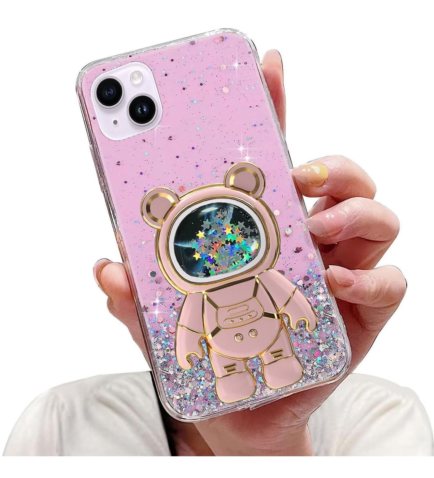 Shop Tivenfezk Nadoli for iPhone 15 - Astronaut Glitter Stand Case Soft Silicone Transparent Protective Cover in Pink - Buy Online on SooperMarket.com