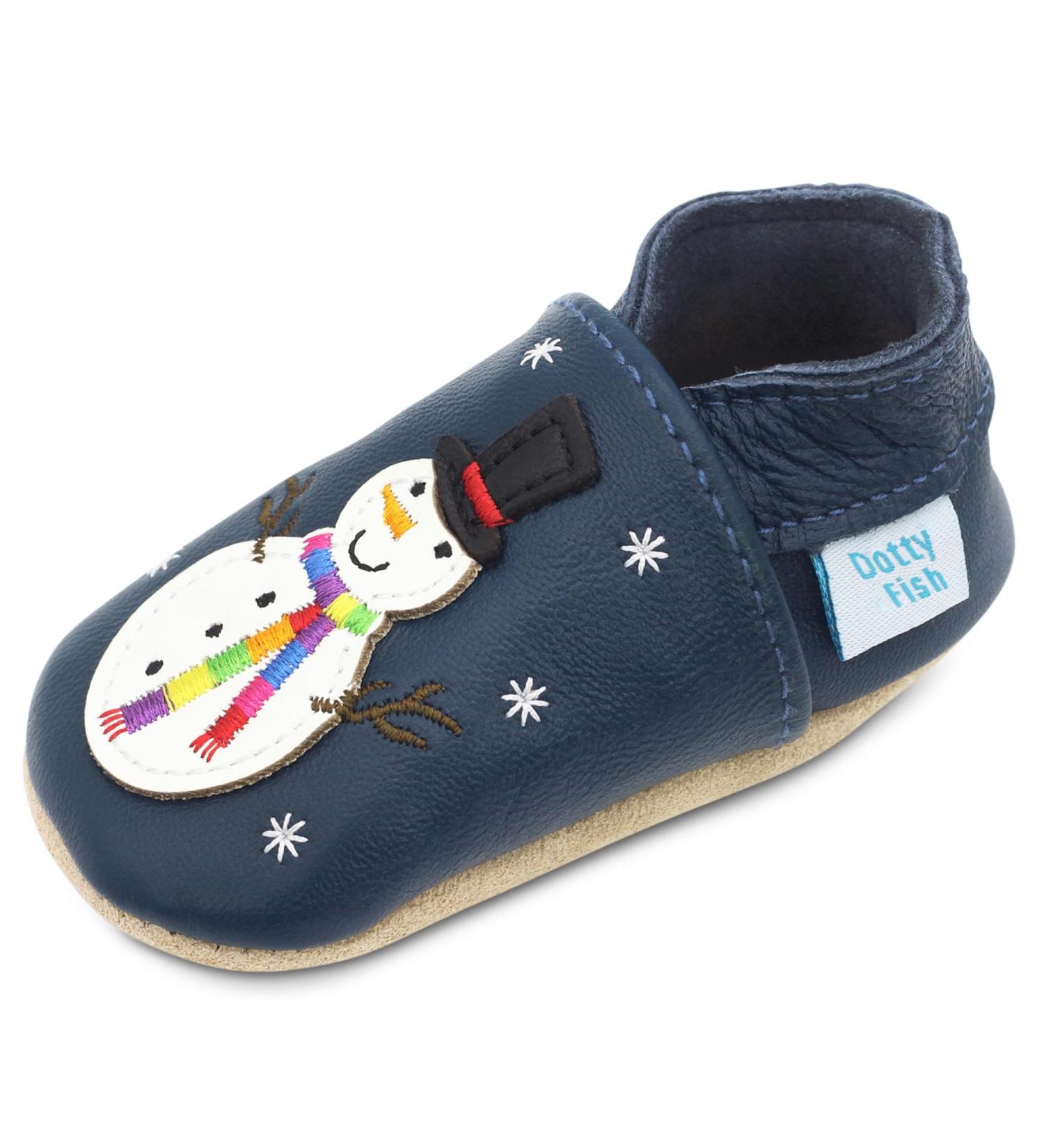 Dotty Fish Soft Leather Baby Shoes for Boys | Non Slip Toddler Shoes with Frosty Snowman Design | 3-4 Years - Buy Online on SooperMarket.com
