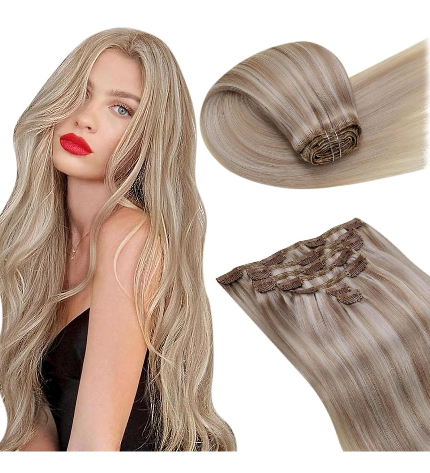 Laavoo Clip-In Real Hair Extensions | Blonde Highlights Ash Blonde 45cm - 105g - 7pcs #18/613 - Buy Online on SooperMarket.com