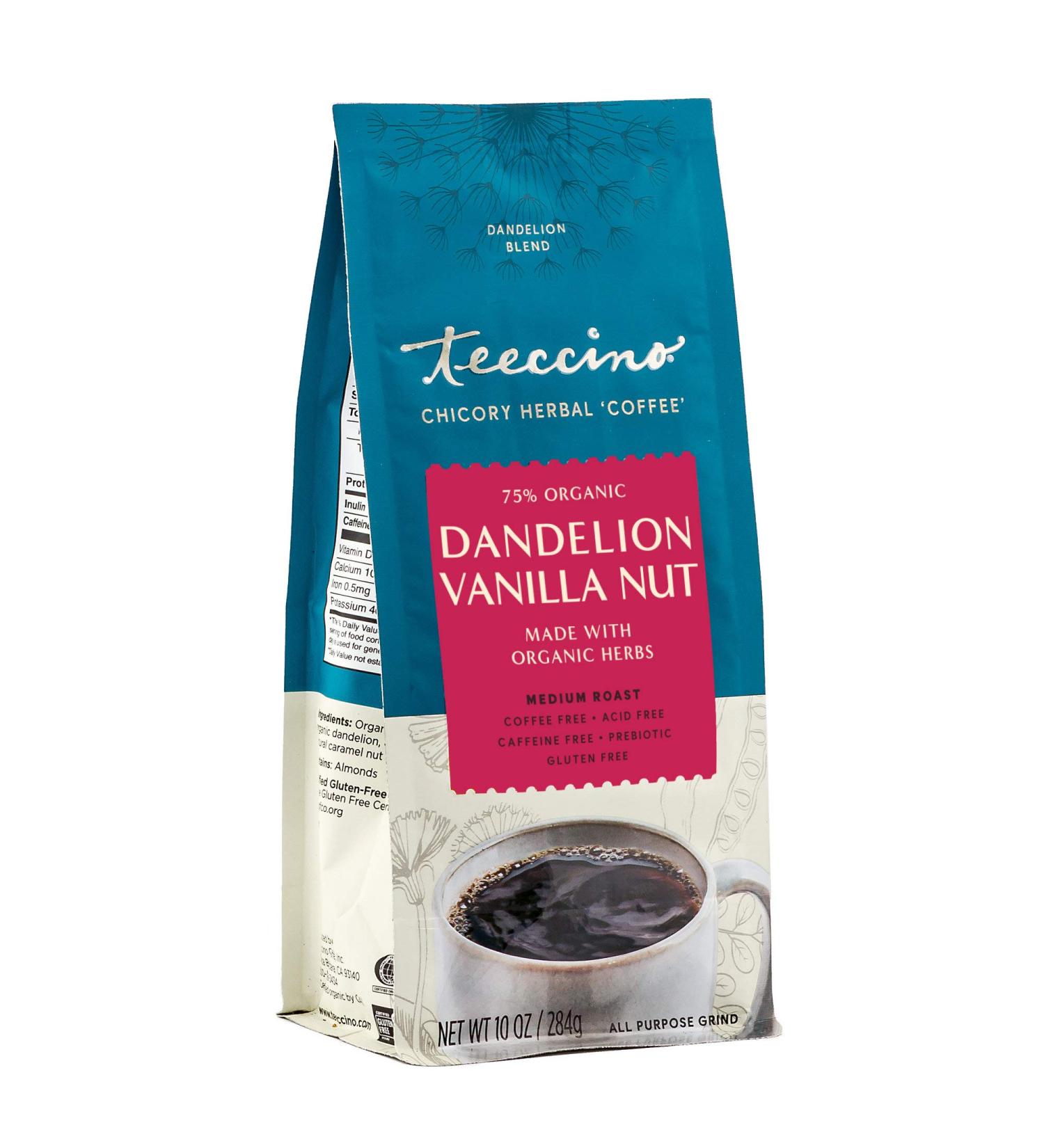 Teeccino Dandelion Vanilla Nut Herbal Coffee | Prebiotic & Caffeine-Free Detox Blend | Gluten-Free Medium Roast - 10oz - Buy Online on SooperMarket.com