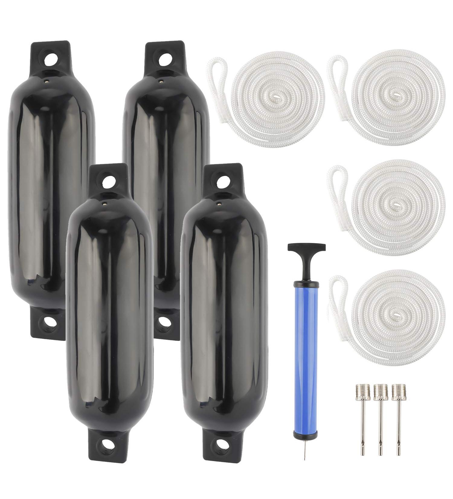 NovelBee 4 Pack 4.5x16 Ribbed Boat Fender Set with Lines, Pump & Needle - Black - Buy Online on SooperMarket.com