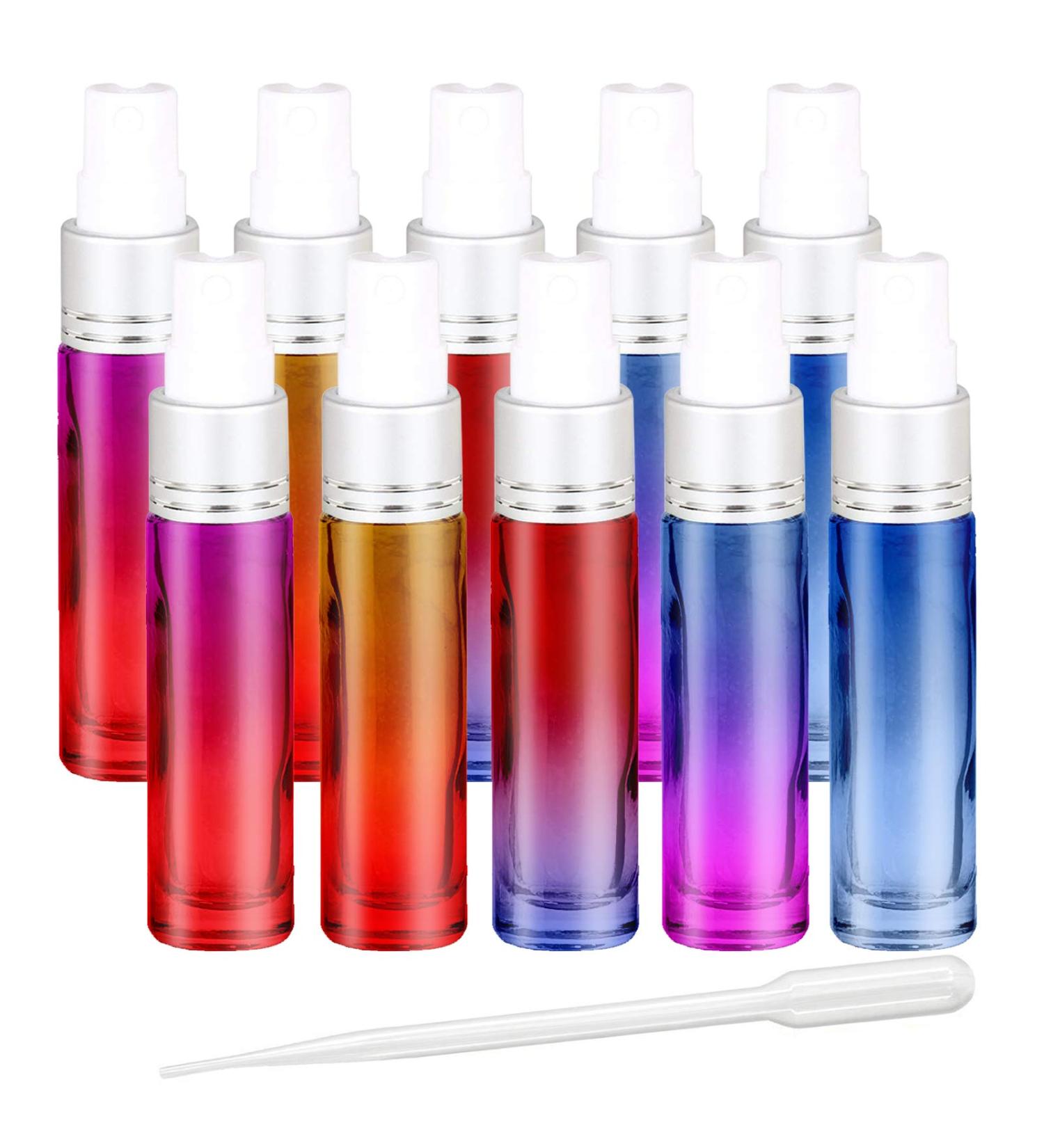 JamHooDirect 10ml Glass Spray Bottle Colorful Perfume Bottles with Silver Fine Mist Pump Spray Refillable Bottle with 3ml Dropper for Essential Oils Aromatherapy - Ideal for Home and Travel Use