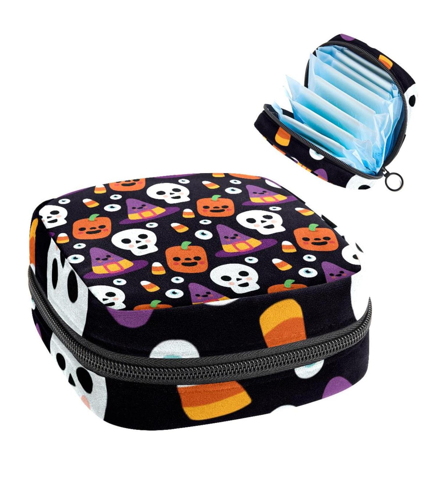 Halloween Skull Black Sanitary Napkin Storage Bag - Portable Period Bag for Women and Teen Girls - Multi-colored - 1Pcs - Buy Online on SooperMarket.com