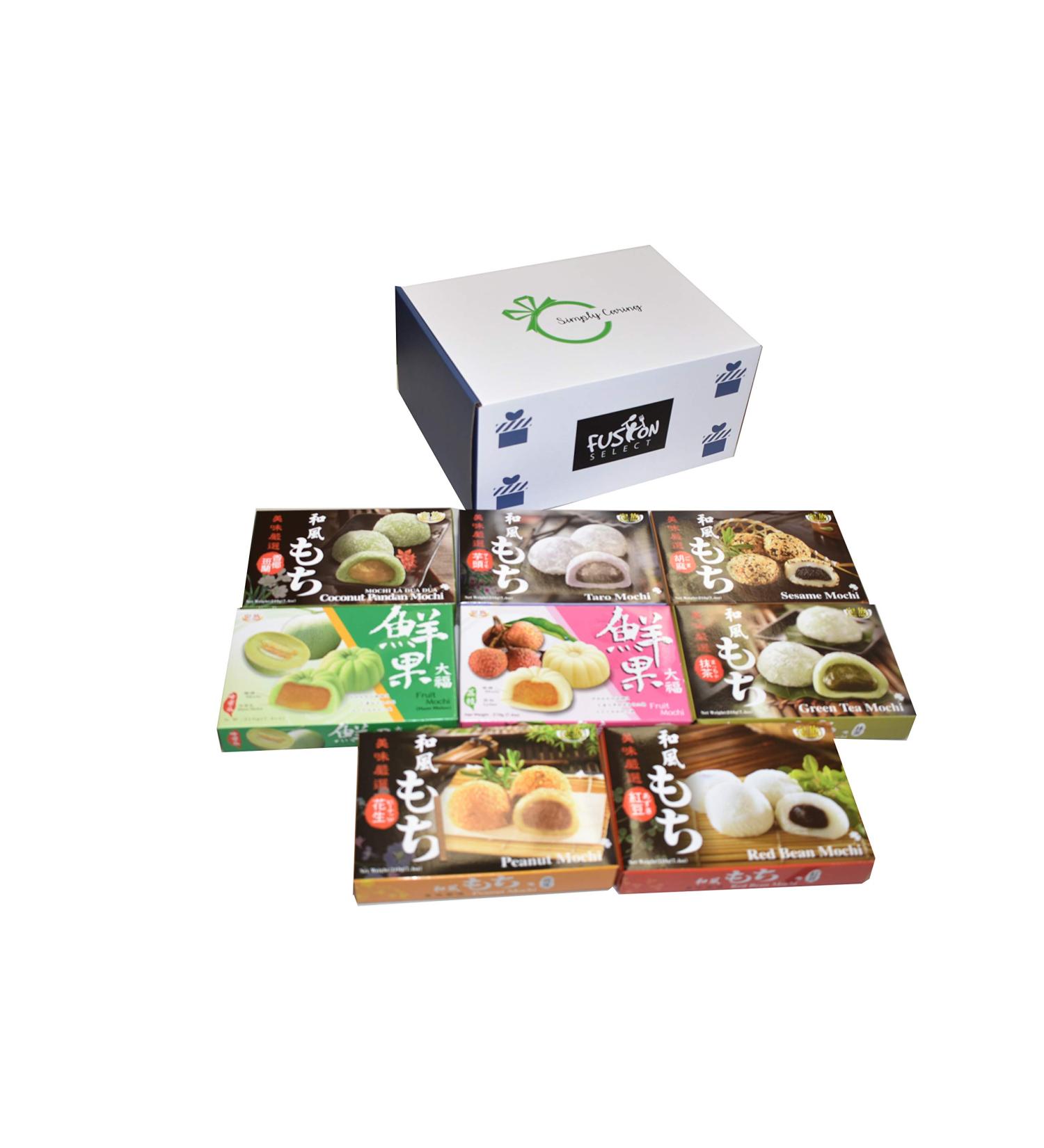 Japanese Mochi 8 Variety Pack: Coconut Pandan, Taro, Sesame, Hamimelon, Lychee, Green Tea, Peanut & Red Bean in Fusion Select Gift Box