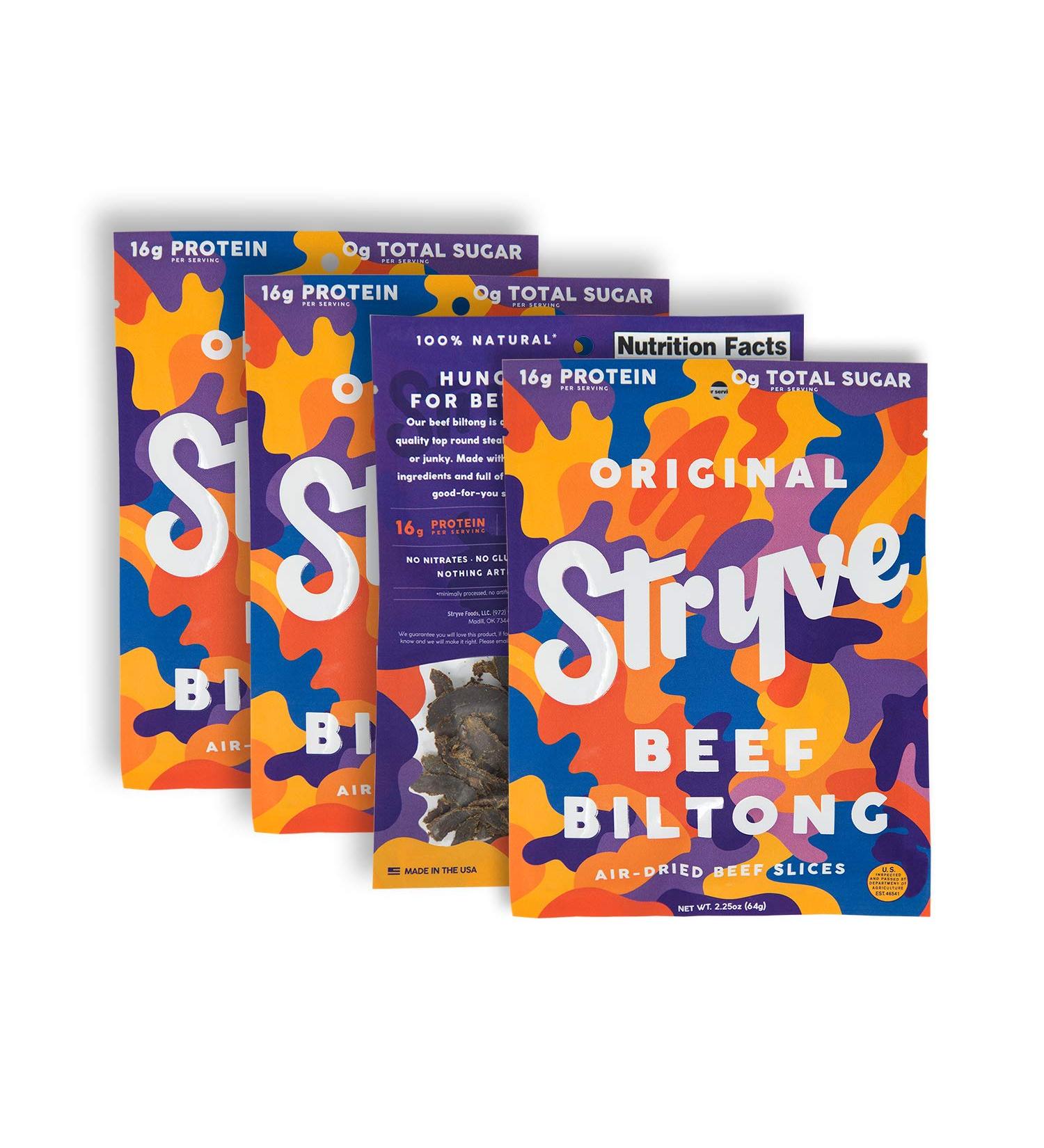 Stryve Original Biltong - Low Fat, Low Carb, Low Sugar, 16g Protein - 4 Pack (2.25oz) - Buy Online on SooperMarket.com