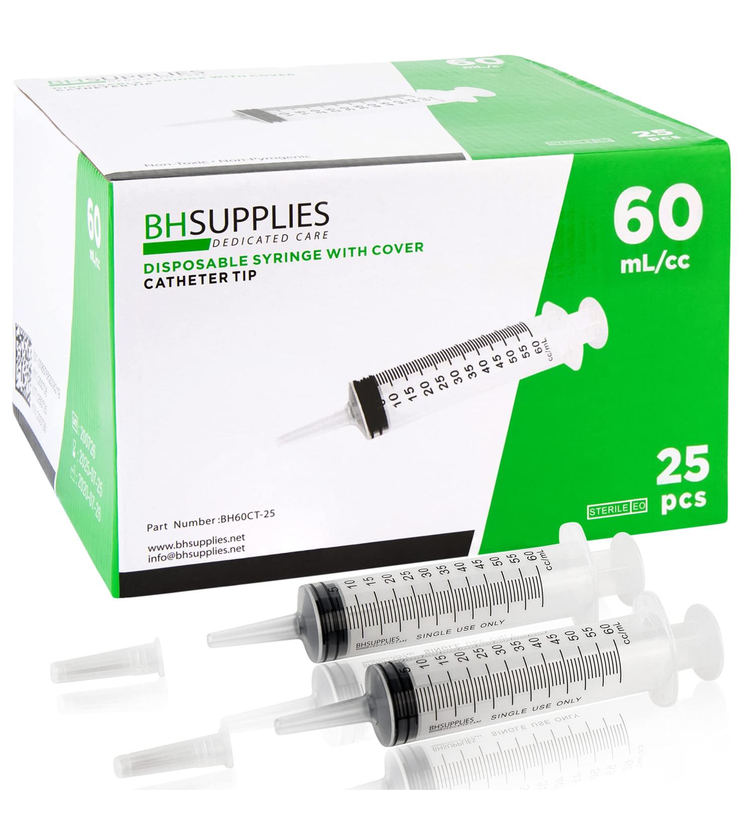 60ml Syringe Catheter Tip Sterile with Covers - 25 Syringes by BH SUPPLIES - (No Needle) Individually Sealed - Multiple use Applications. Feeding  dispensing  lip gloss and many other uses 60 mL - Catheter Tip-25 25.0