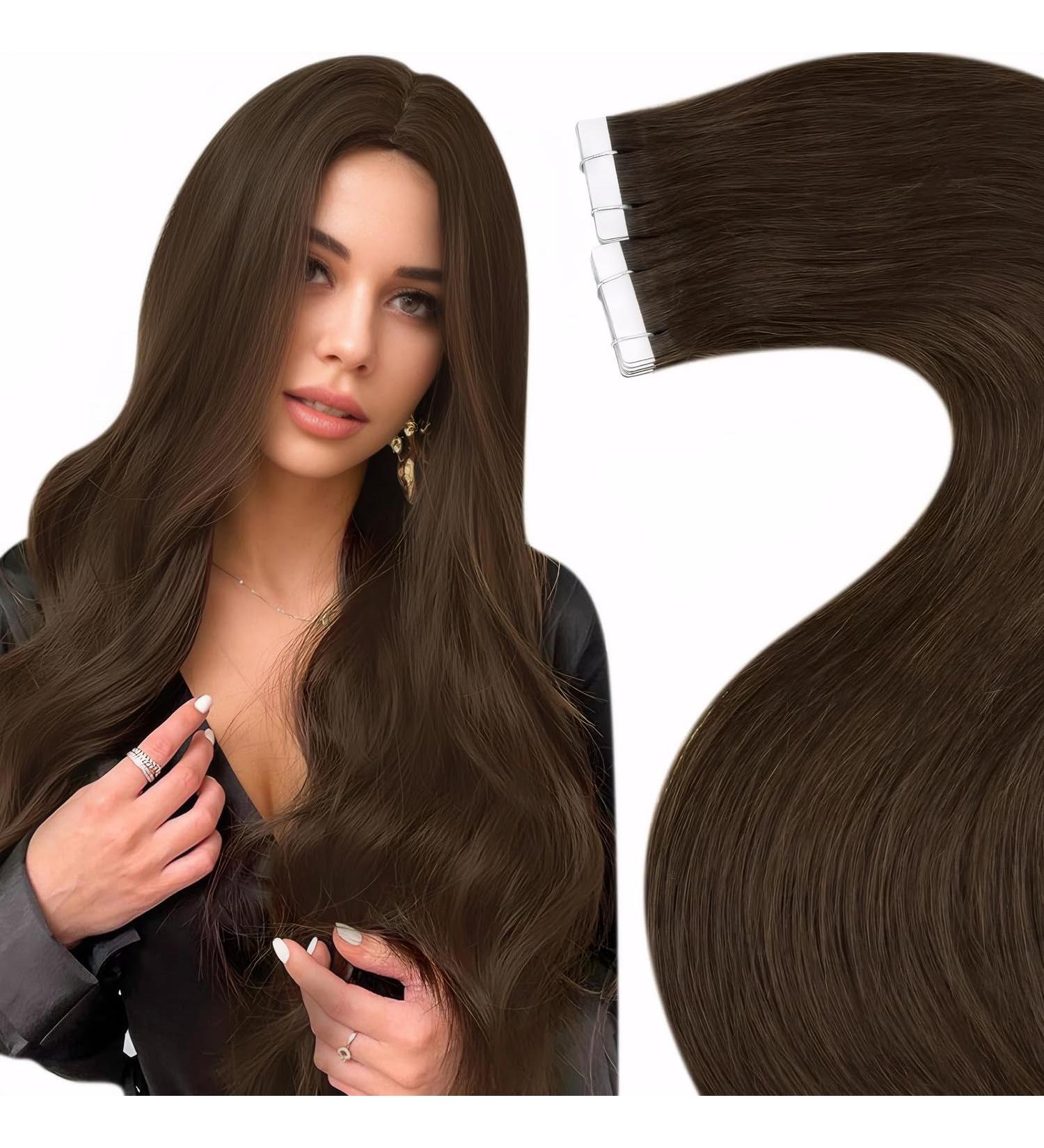 Laavoo Real Hair Tape Extensions #4 Dark Brown - 55cm 50g 20PCs - Invisible Brown Hair Extensions - Buy Online on SooperMarket.com