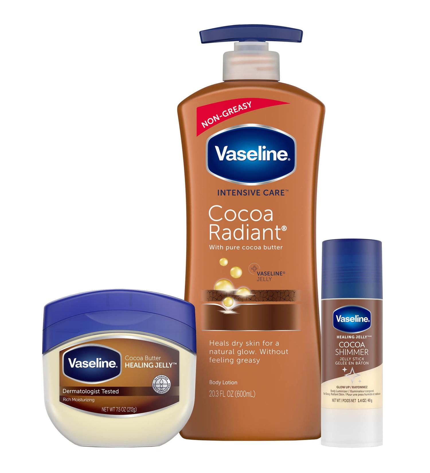 Vaseline Intensive Care Cocoa Radiant Lotion Bundle: 20.3oz Lotion, 7.5oz Healing Jelly, 1.4oz Shimmer Stick - Cocoa Butter Moisturizing Set for Radiant Skin - Buy Online on SooperMarket.com