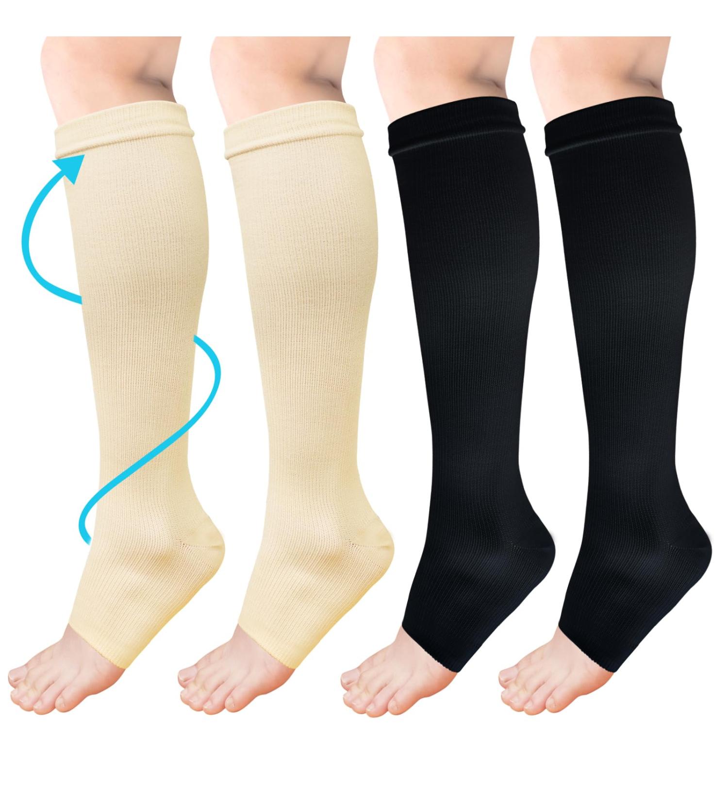 ACWOO Compression Stockings for Women & Men - 2 Pairs of Medical Support Socks (15-20 mmHg) - Open Toe Black & Beige Thrombosis Socks for Running Sports Flight & Cycling - Buy Online on SooperMarket.com