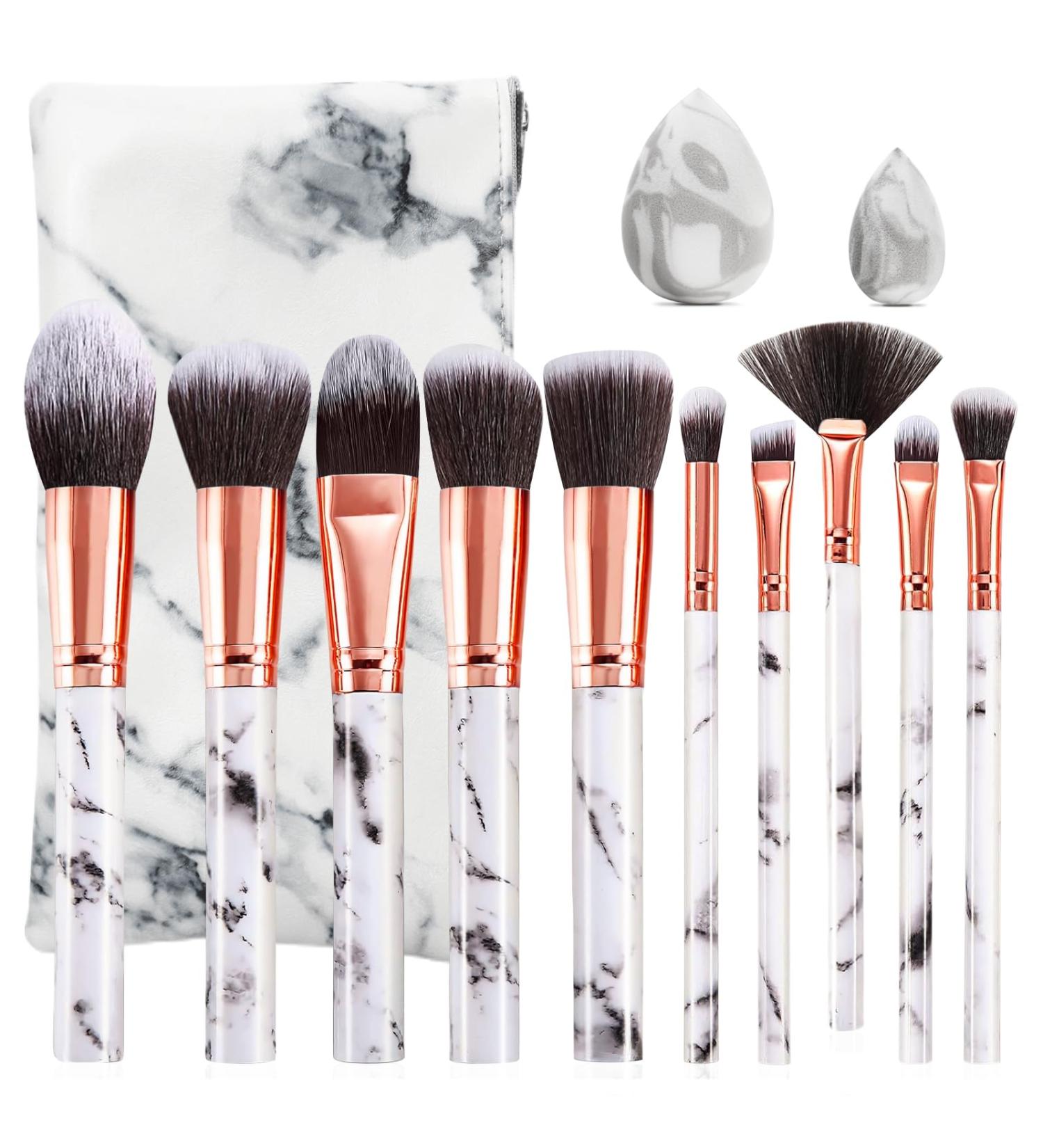 HEYMKGO Make Up Brushes 10 Piece Brush Set Makeup with Makeup Sponge and PU Leather Brush Bag Makeup Brush Set Kabuki Makeup Brushes Foundation Blending Cosmetic Brush Makeup Kit (Marble White) - Buy Online on SooperMarket.com