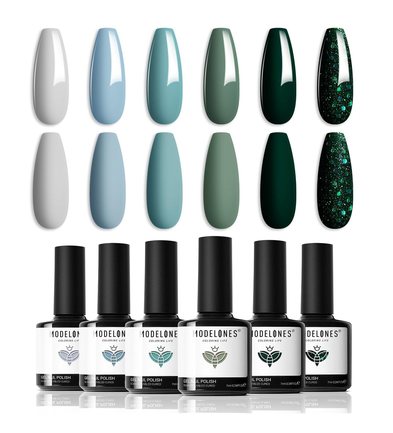 Modelones Blue Green Gel Nail Polish - 6 Colors Misty Gray Dark Green Glitter Gel Polish Kit Sage Green Baby Blue Nail Gel Polish Soak Off UV Gel Nail Lamp Gel Nail Kit DIY Home Nails Manicure Gifts - Buy Online on SooperMarket.com