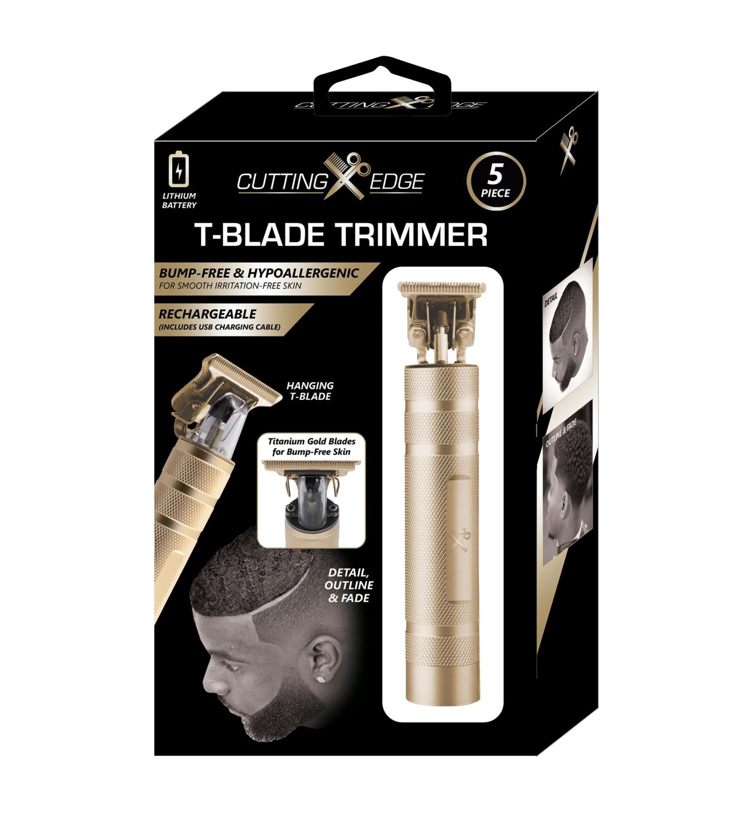Cutting Edge T-Blade Trimmer for Men T-Blade Precision Beard Trimmer Bump Free and Hypoallergenic Titanium Gold Blades 4 Guide Combs Rechargeable Precision Trimmer to Detail Outline & Fade