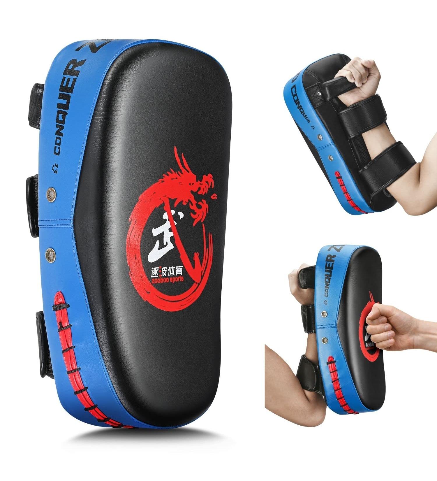Flexzion Blue Curved Muay Thai Kick Pad for MMA, Karate, Taekwondo - Adjustable Forearm Strap - Buy Online on SooperMarket.com